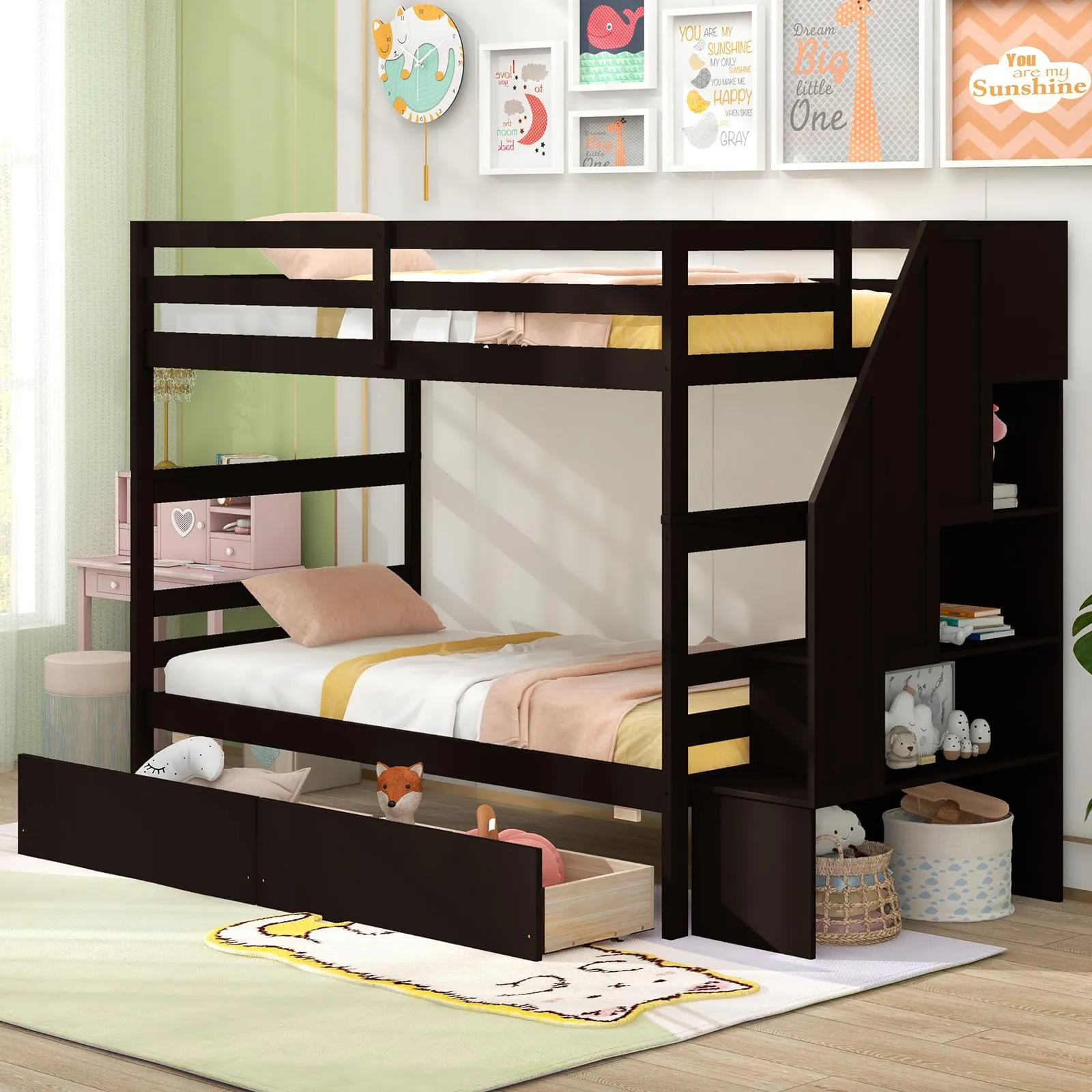 Giantex Bunk Bed Twin Over Twin with Storage Stairs & Drawers, Solid Wood Bunk Bed with Full-Length Guardrails bed frame, queen bed