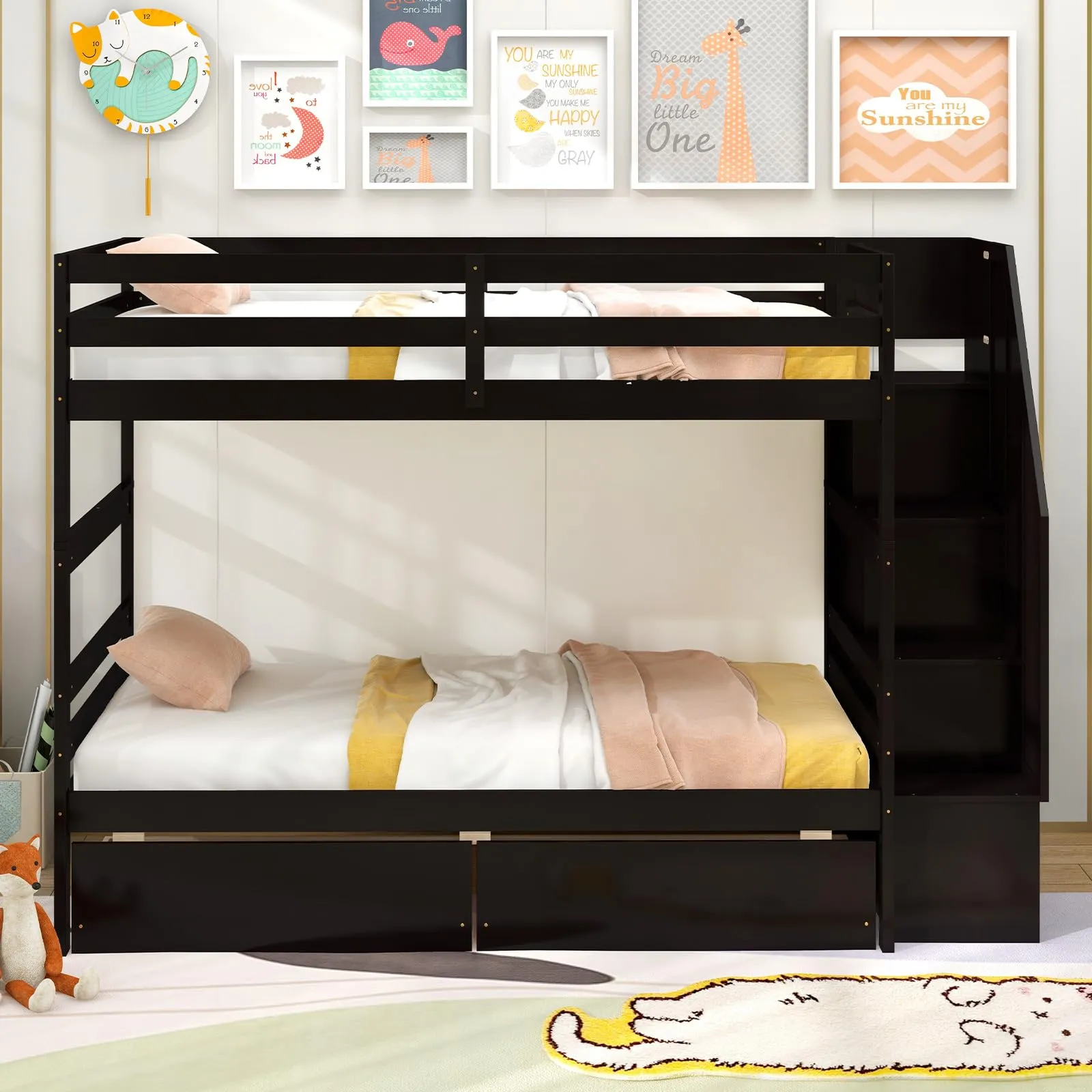 Giantex Bunk Bed Twin Over Twin with Storage Stairs & Drawers, Solid Wood Bunk Bed with Full-Length Guardrails