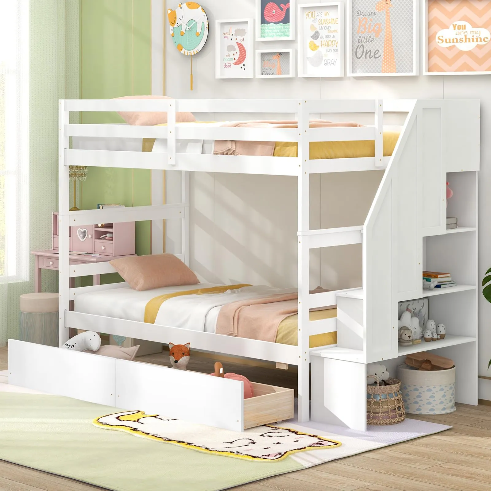 Giantex Bunk Bed Twin Over Twin with Storage Stairs & Drawers, Solid Wood Bunk Bed with Full-Length Guardrails