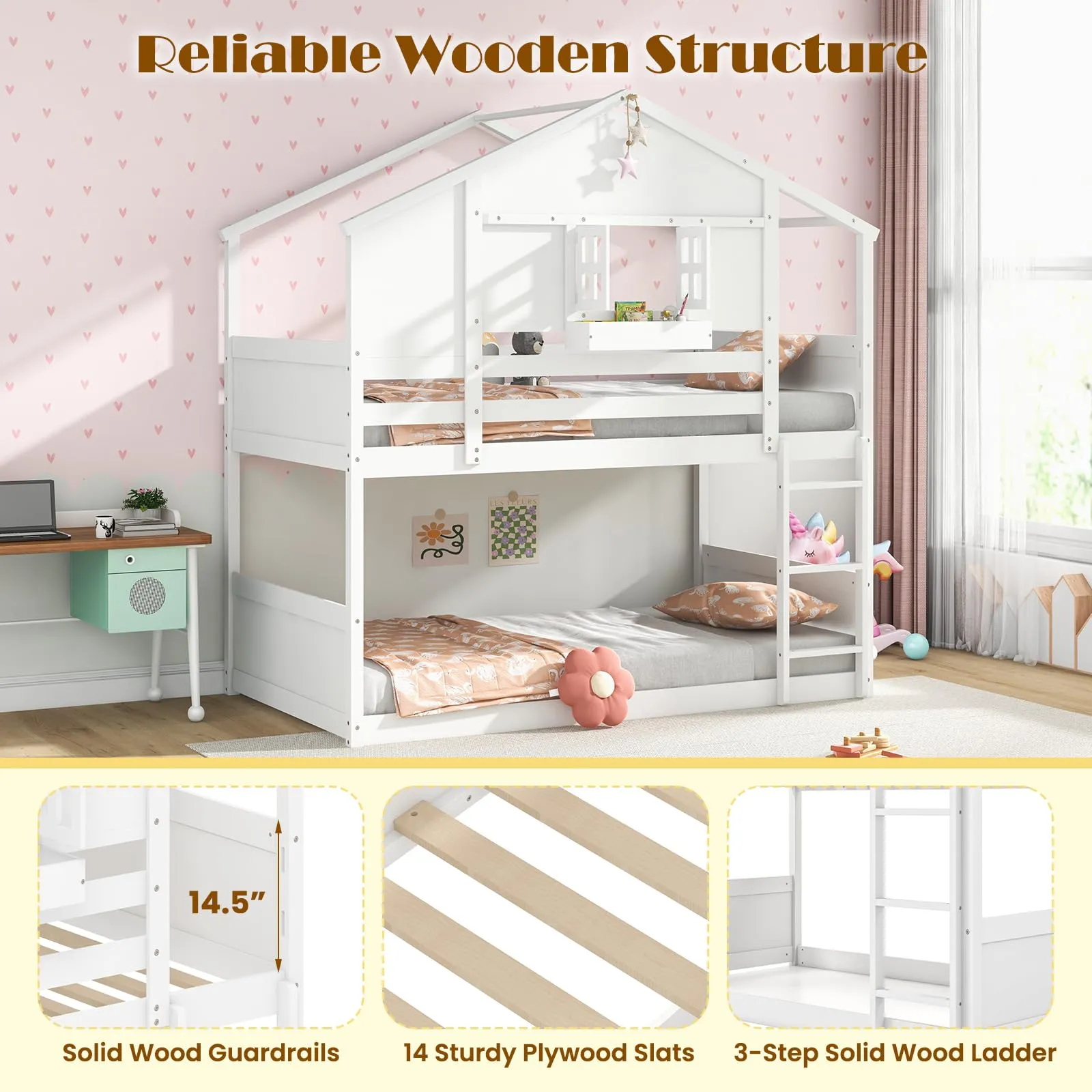 Giantex Bunk Bed Twin Over Twin, Wood House Bed for Kids with Roof, Window Door, White