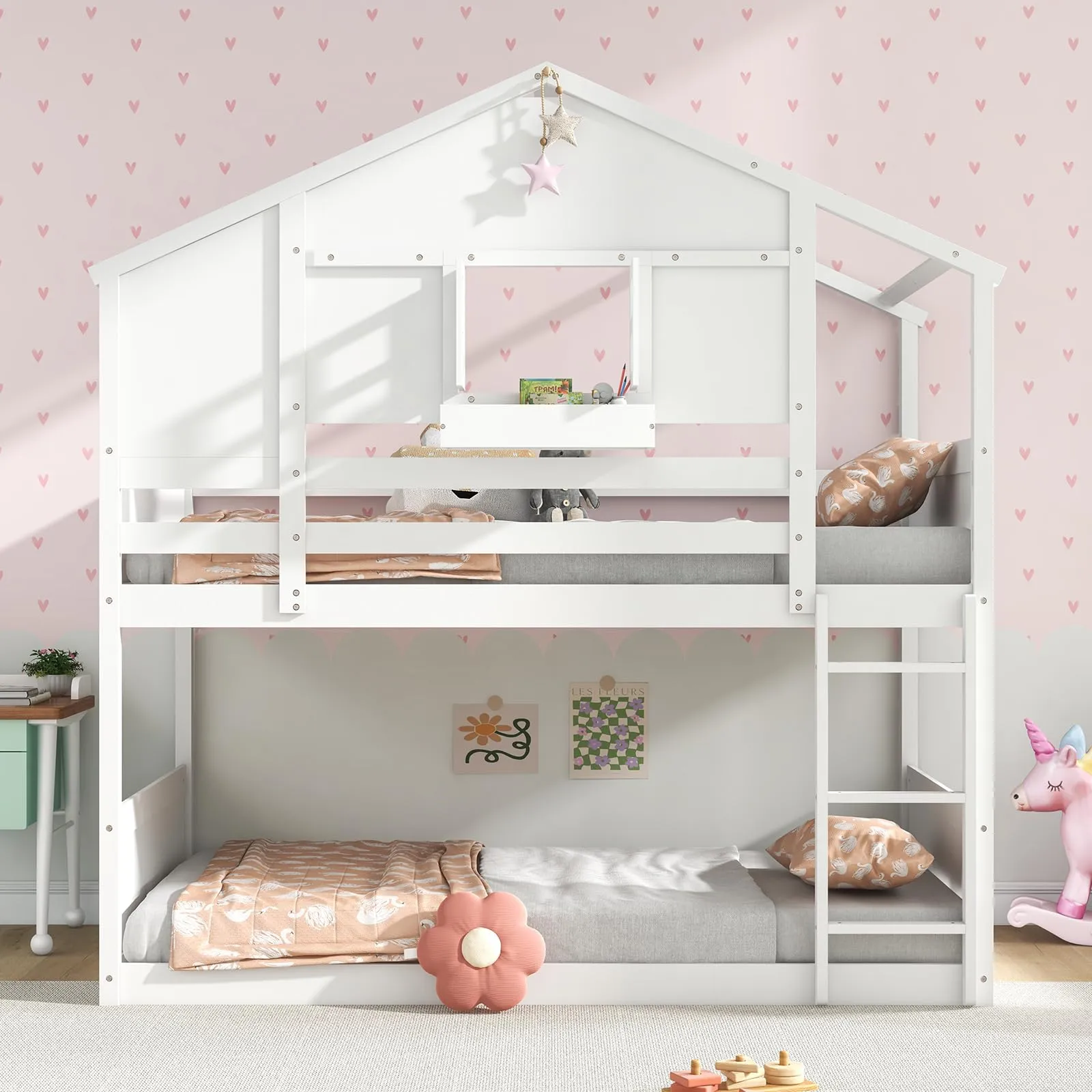Giantex Bunk Bed Twin Over Twin, Wood House Bed for Kids with Roof, Window Door, White
