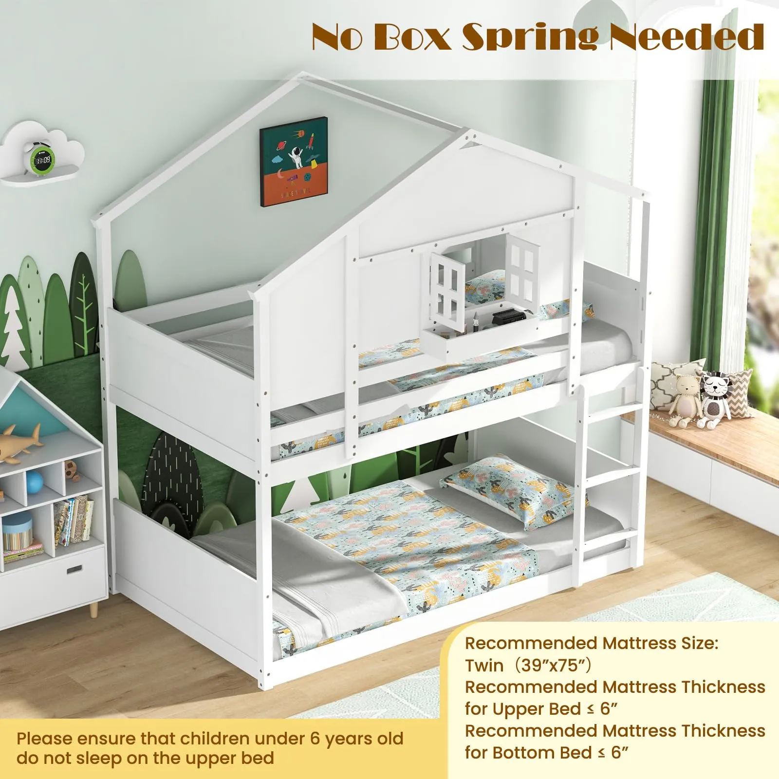 Giantex Bunk Bed Twin Over Twin, Wood House Bed for Kids with Roof, Window Door, White