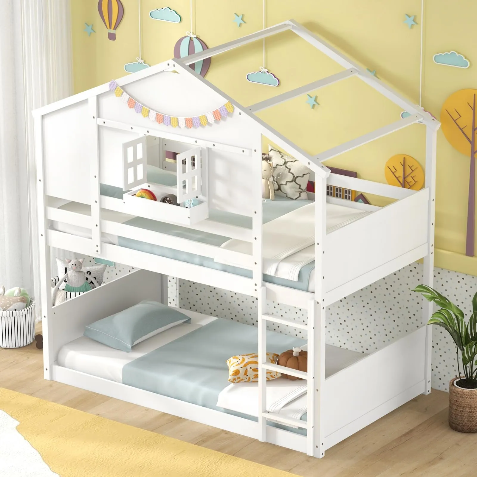 Giantex Bunk Bed Twin Over Twin, Wood House Bed for Kids with Roof, Window Door, White