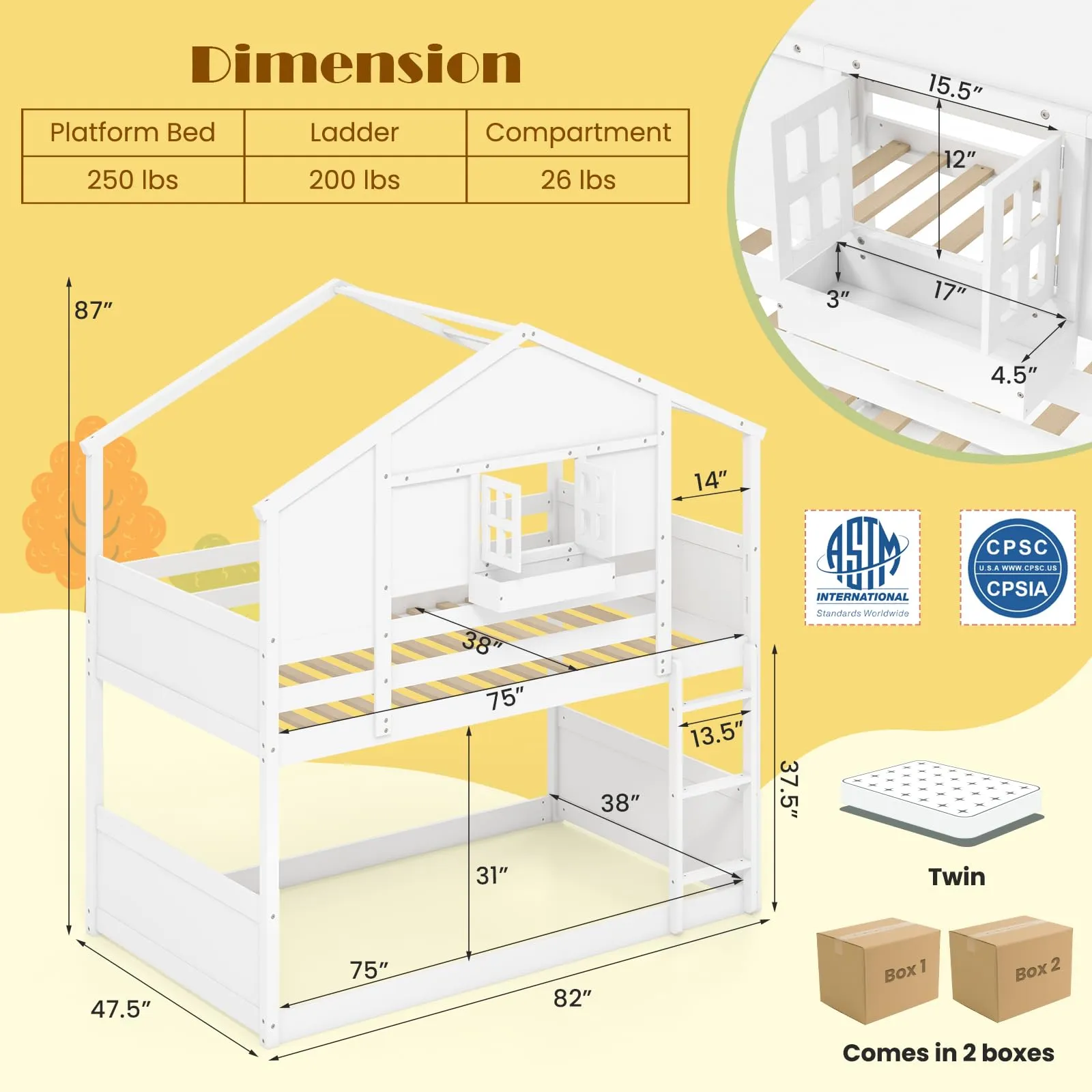 Giantex Bunk Bed Twin Over Twin, Wood House Bed for Kids with Roof, Window Door, White