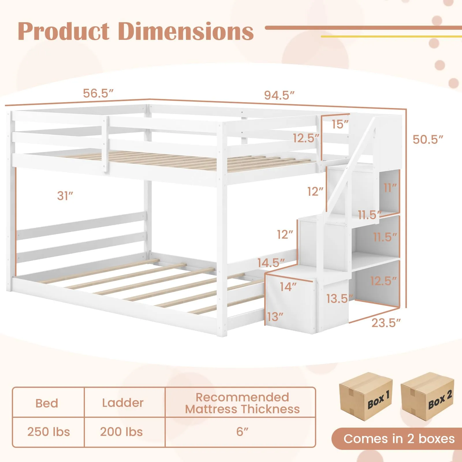 Giantex Bunk Bed with Stairs, Solid Wood Floor Bunk Bed with Storage Staircase & Full-Length Guardrails