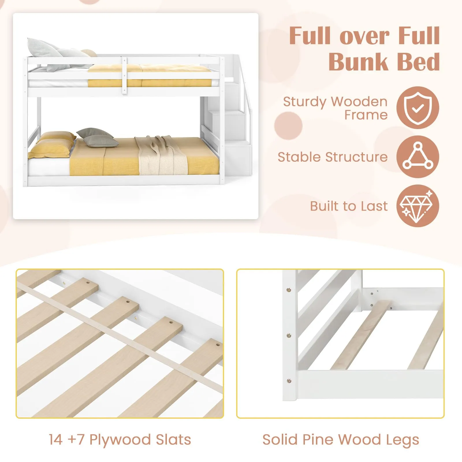 Giantex Bunk Bed with Stairs, Solid Wood Floor Bunk Bed with Storage Staircase & Full-Length Guardrails