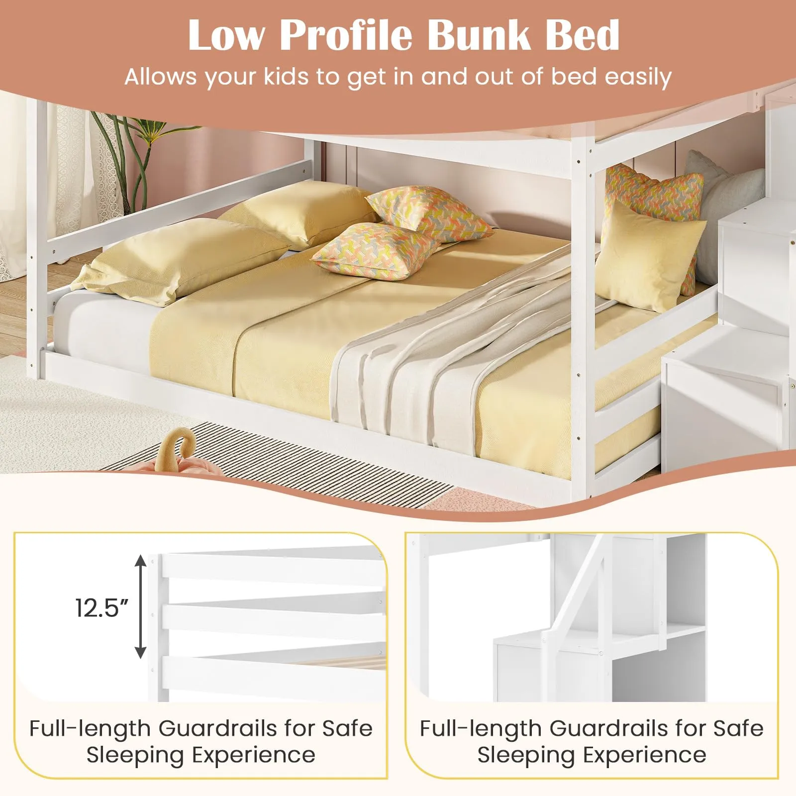 Giantex Bunk Bed with Stairs, Solid Wood Floor Bunk Bed with Storage Staircase & Full-Length Guardrails