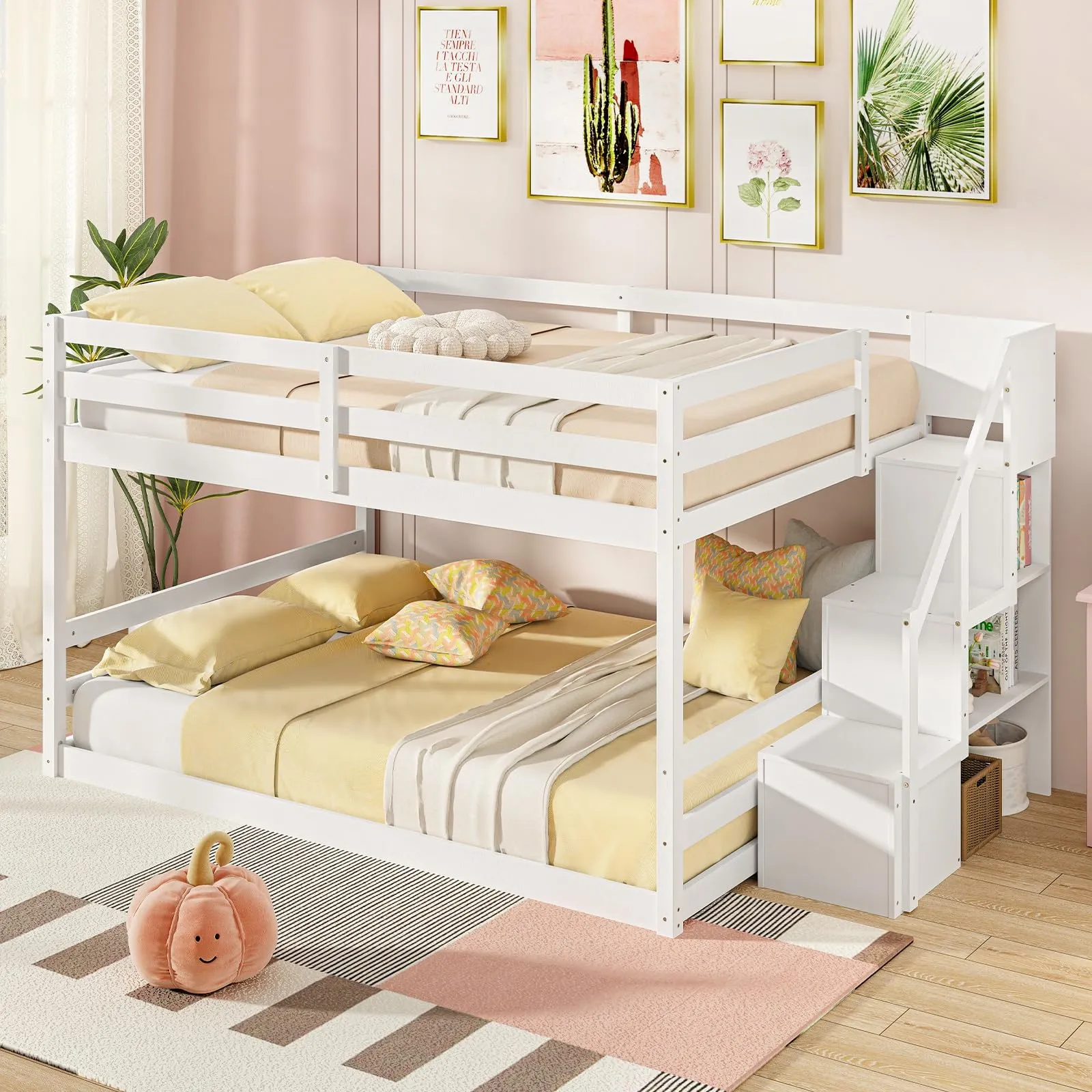 Giantex Bunk Bed with Stairs, Solid Wood Floor Bunk Bed with Storage Staircase & Full-Length Guardrails bed frame, queen bed