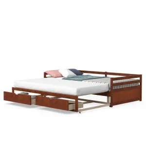 Giantex Extendable Daybed with Trundle and 2 Storage Drawers, Twin to King Daybed with Solid Wood Roll Out Bed Frame bed frame, queen bed
