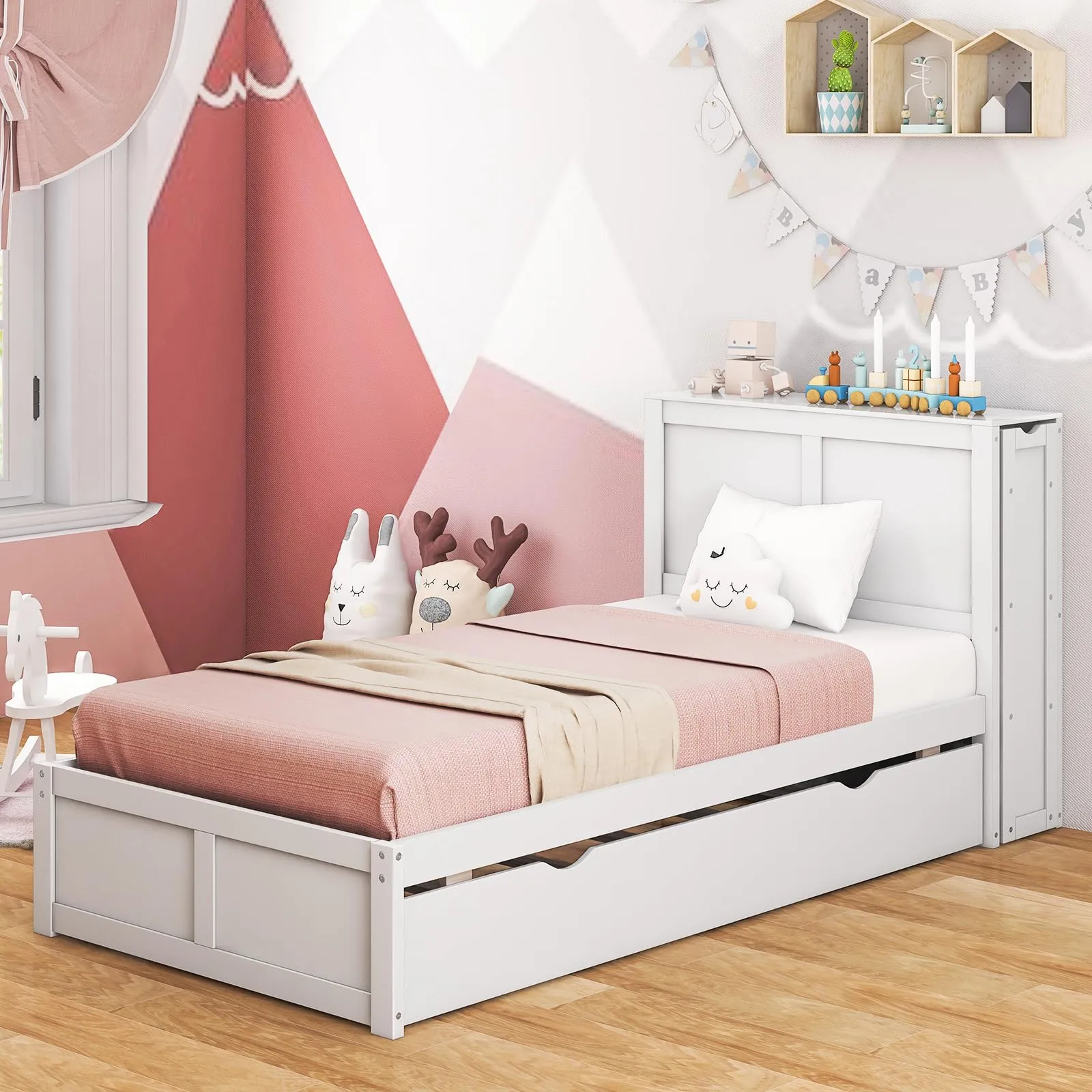 Giantex Full Bed Frame with Twin Trundle, Wooden Bed Wooden Bed Frame with 2 Rolling Bookcases & High Headboard