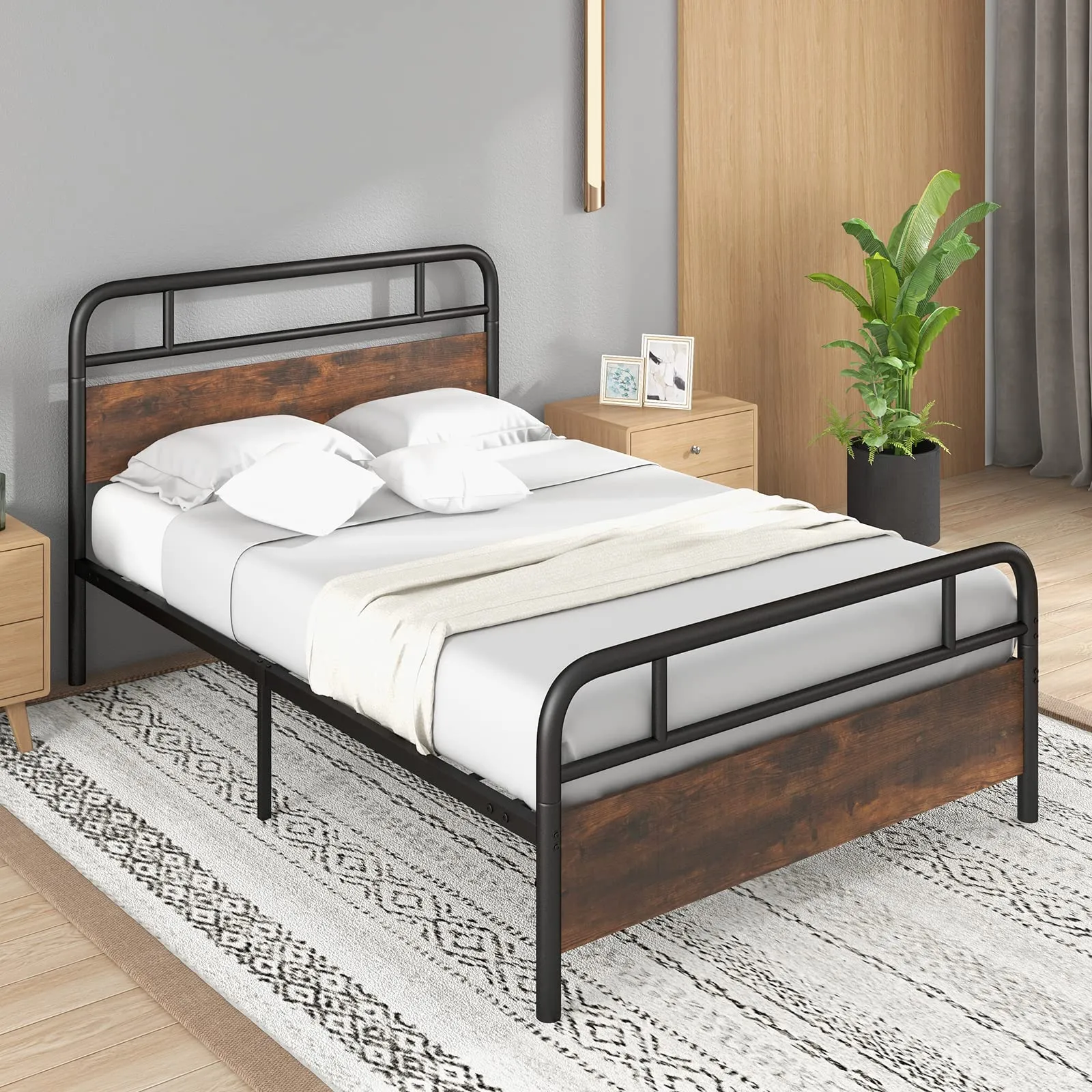 Giantex Full Size Metal Bed Frame with Wood Headboard and Footboard