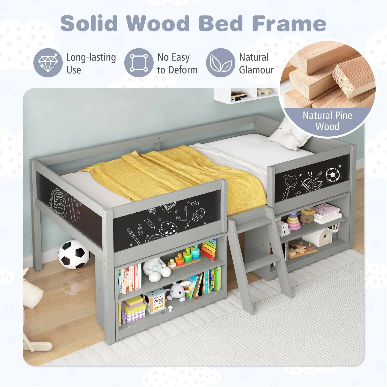 Giantex Low Loft Bed Twin Size, Wooden Loft Bed with Ladder & Blackboard