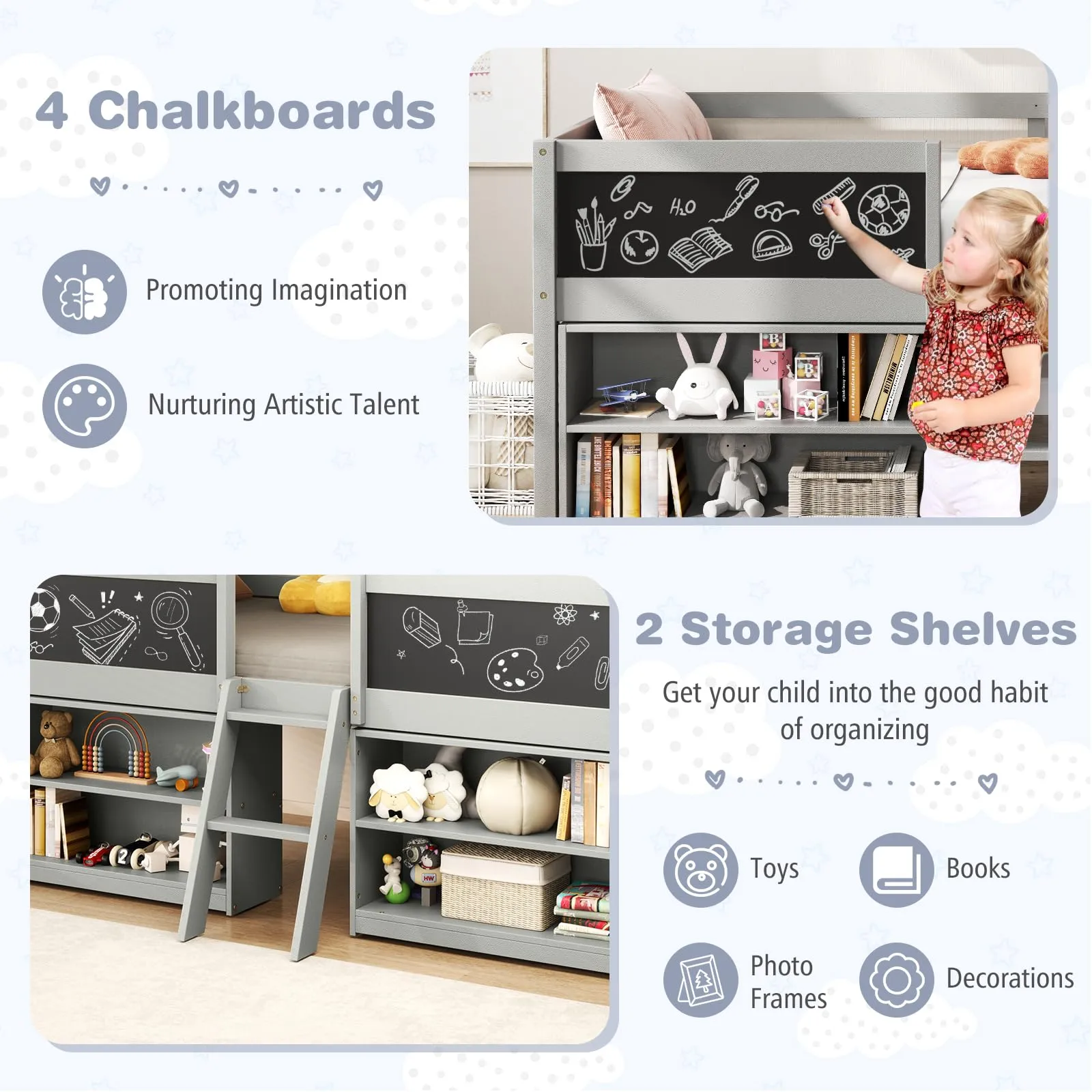 Giantex Low Loft Bed Twin Size, Wooden Loft Bed with Ladder & Blackboard