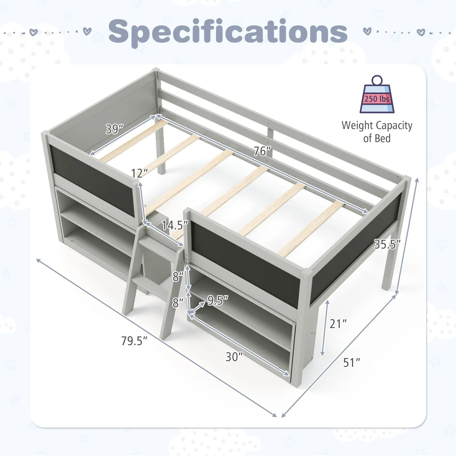 Giantex Low Loft Bed Twin Size, Wooden Loft Bed with Ladder & Blackboard