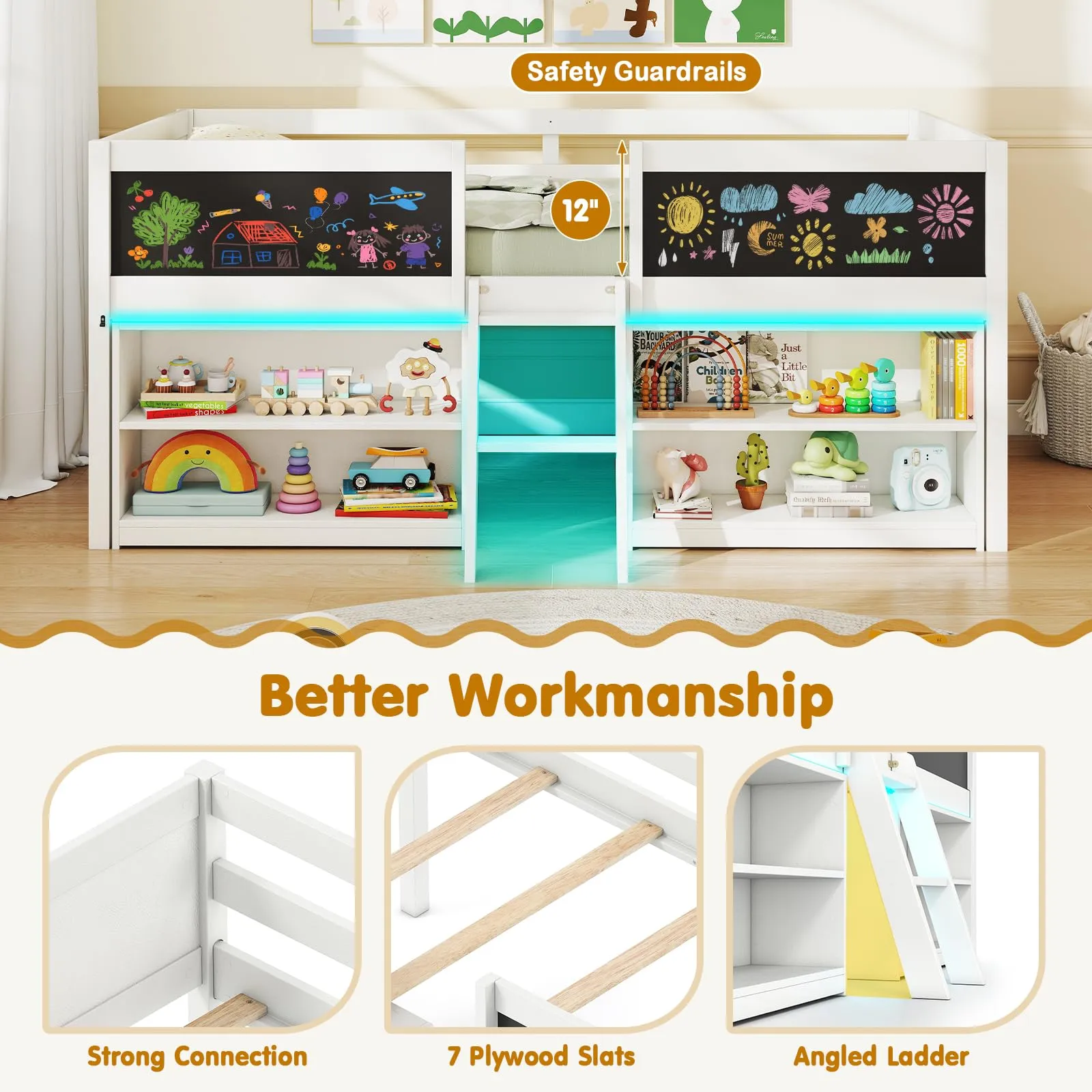 Giantex Low Loft Bed with Storage 2 Bookcases and Play Space