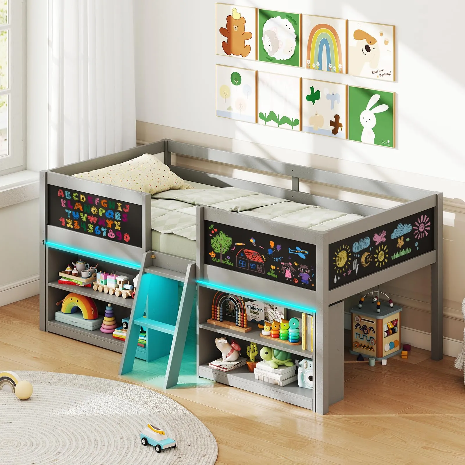 Giantex Low Loft Bed with Storage 2 Bookcases and Play Space