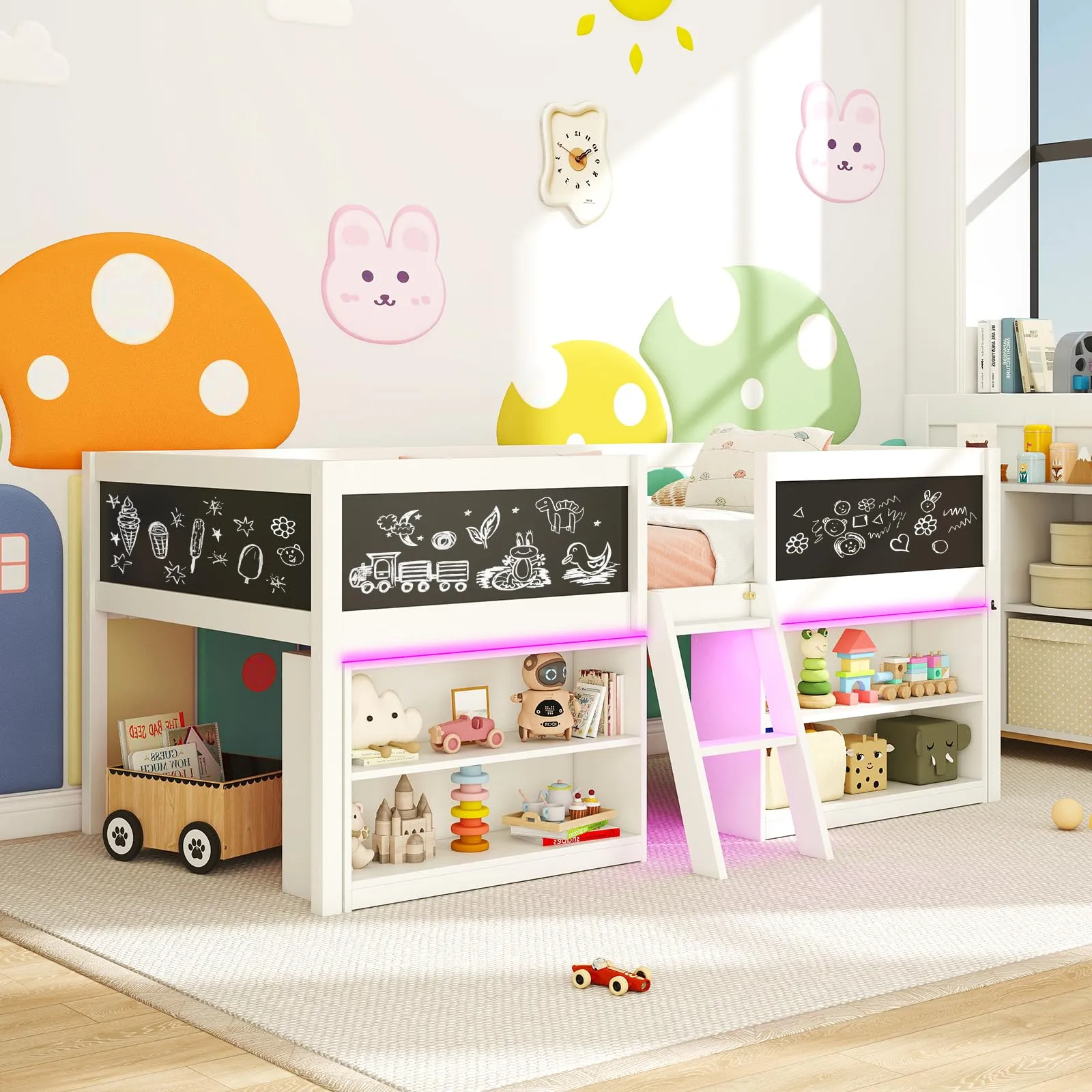 Giantex Low Loft Bed with Storage 2 Bookcases and Play Space