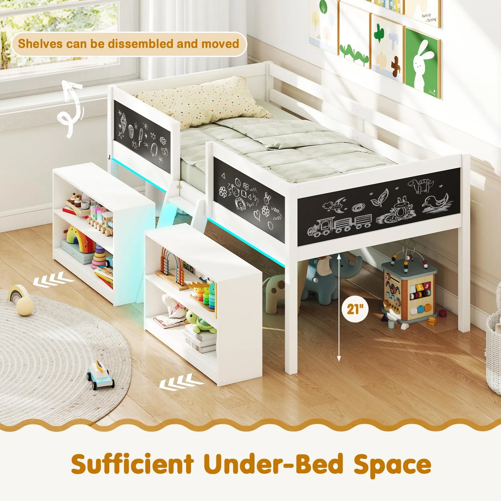 Giantex Low Loft Bed with Storage 2 Bookcases and Play Space