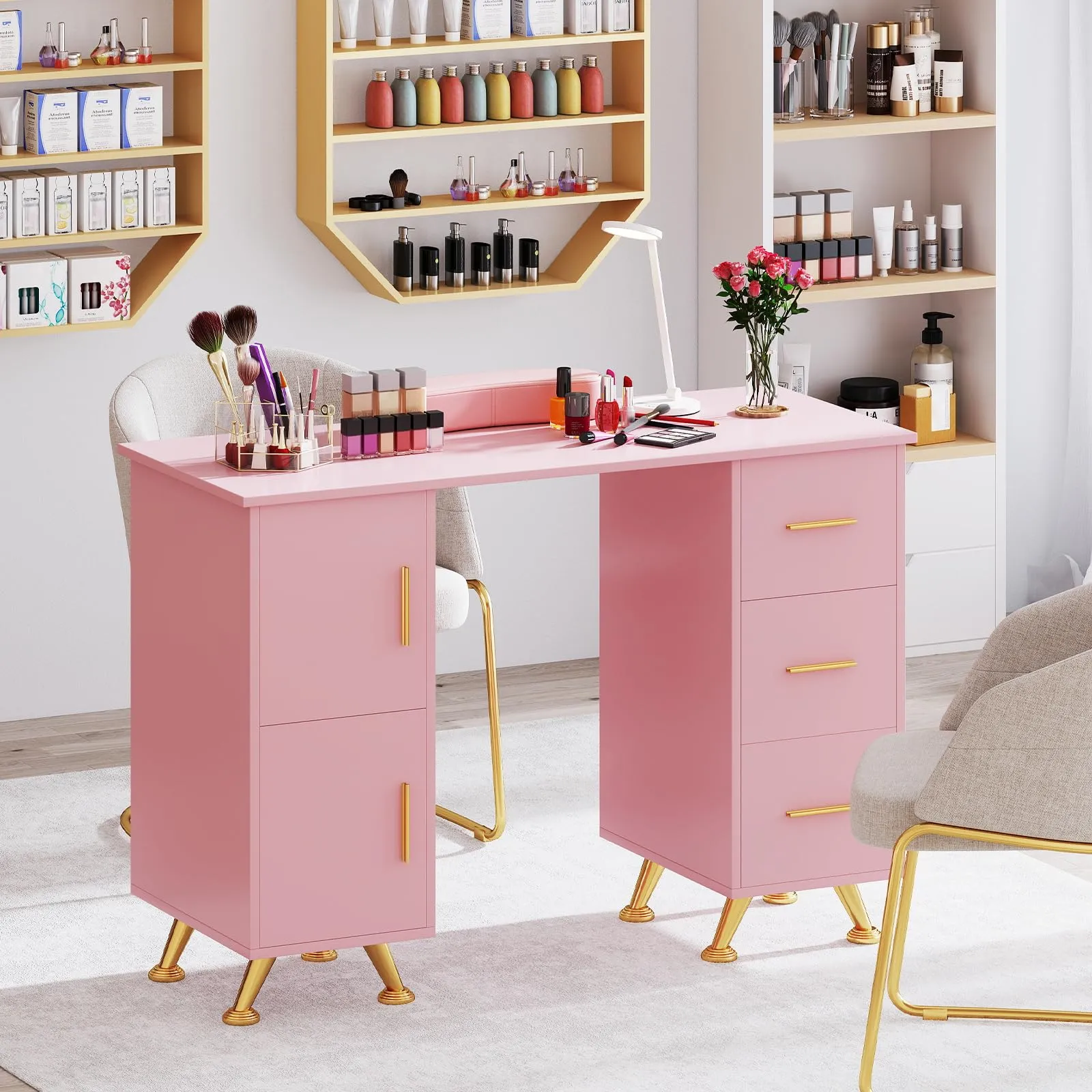 Giantex Manicure Table Nail Desk - Nail Table Station with 3 Drawers, 2 Storage Cabinet, Wrist Rest
