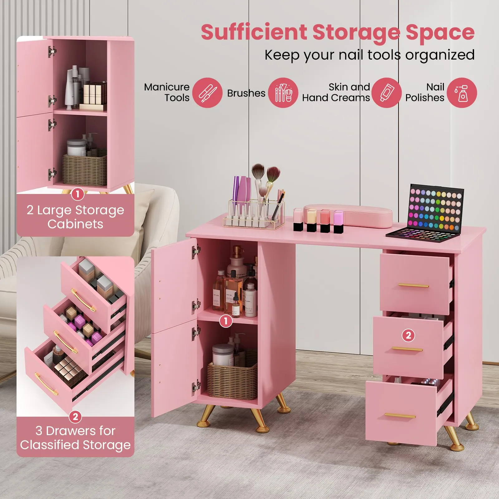 Giantex Manicure Table Nail Desk - Nail Table Station with 3 Drawers, 2 Storage Cabinet, Wrist Rest