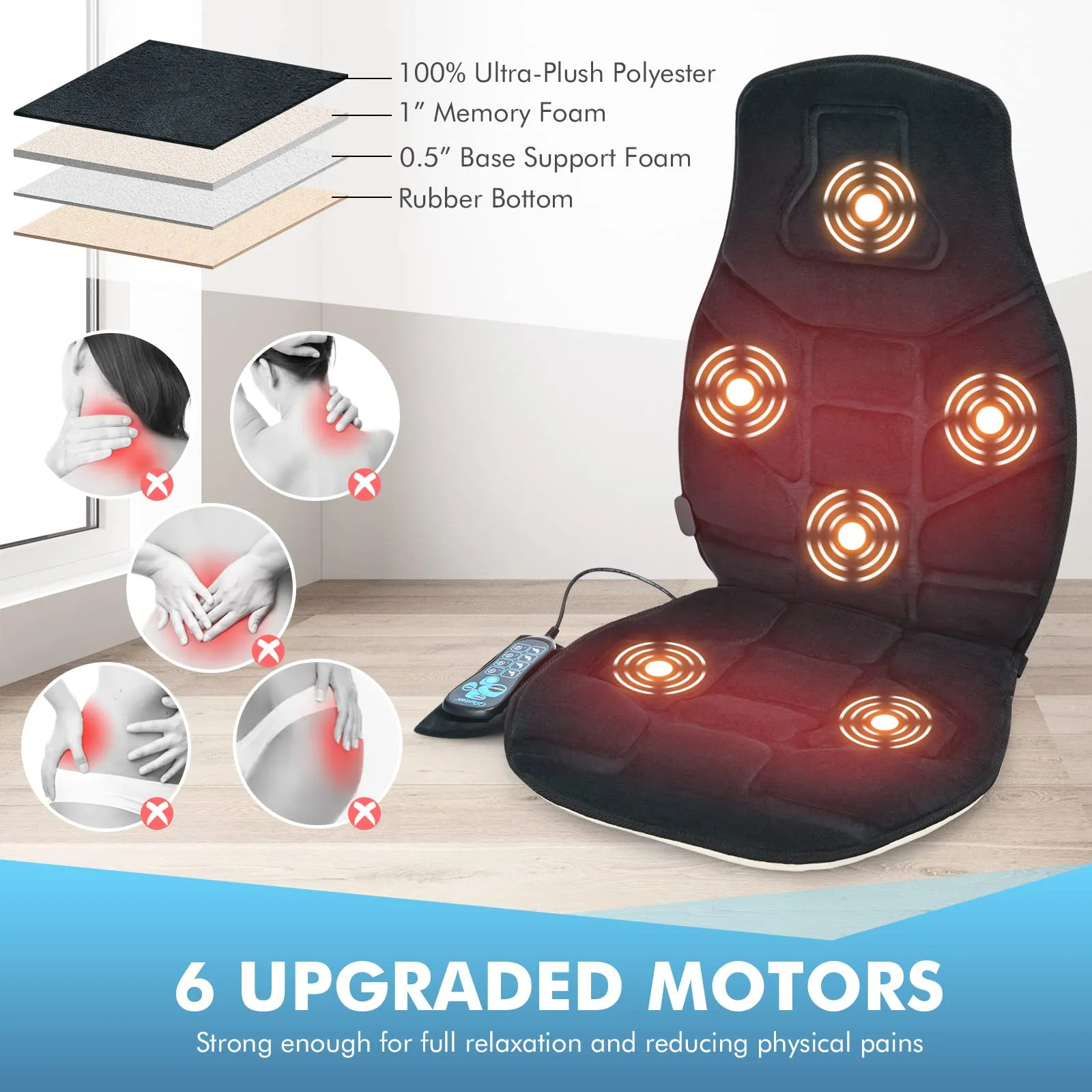 Giantex Memory Foam Massage Seat Cushion, Back Massager with 6 Vibration Massage Nodes & 2