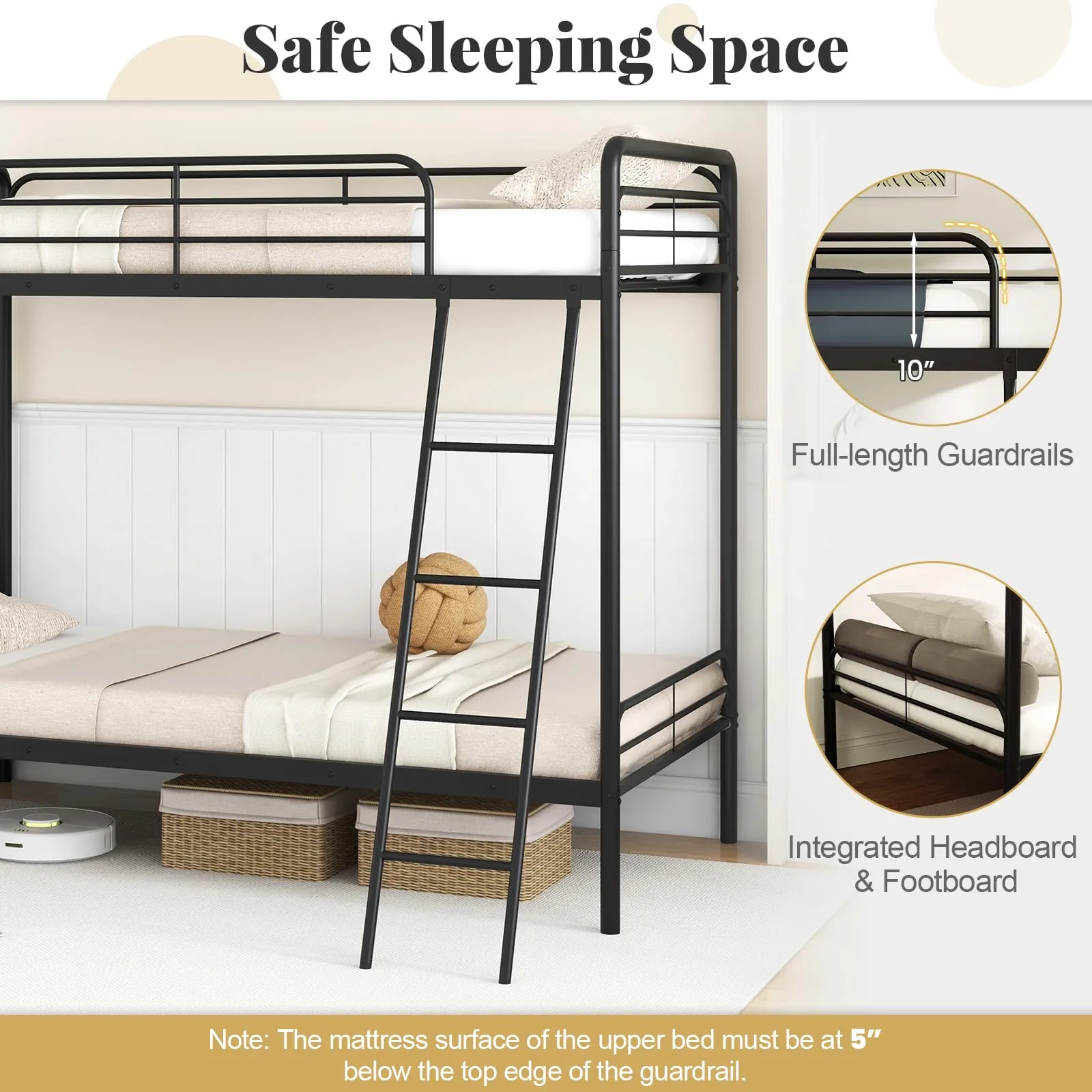 Giantex Metal Bunk Bed Twin Over Twin, Heavy Duty Twin Bunk Beds with Inclined Ladder & Safety Guardrails