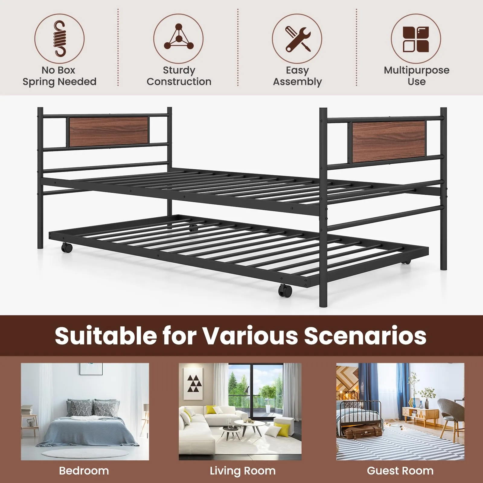 Giantex Metal Daybed with Trundle, Twin Size Day Bed with Wood Grain Headboard & Metal Slat Support