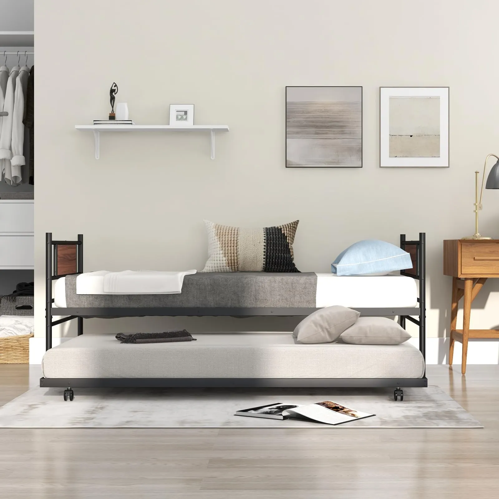 Giantex Metal Daybed with Trundle, Twin Size Day Bed with Wood Grain Headboard & Metal Slat Support