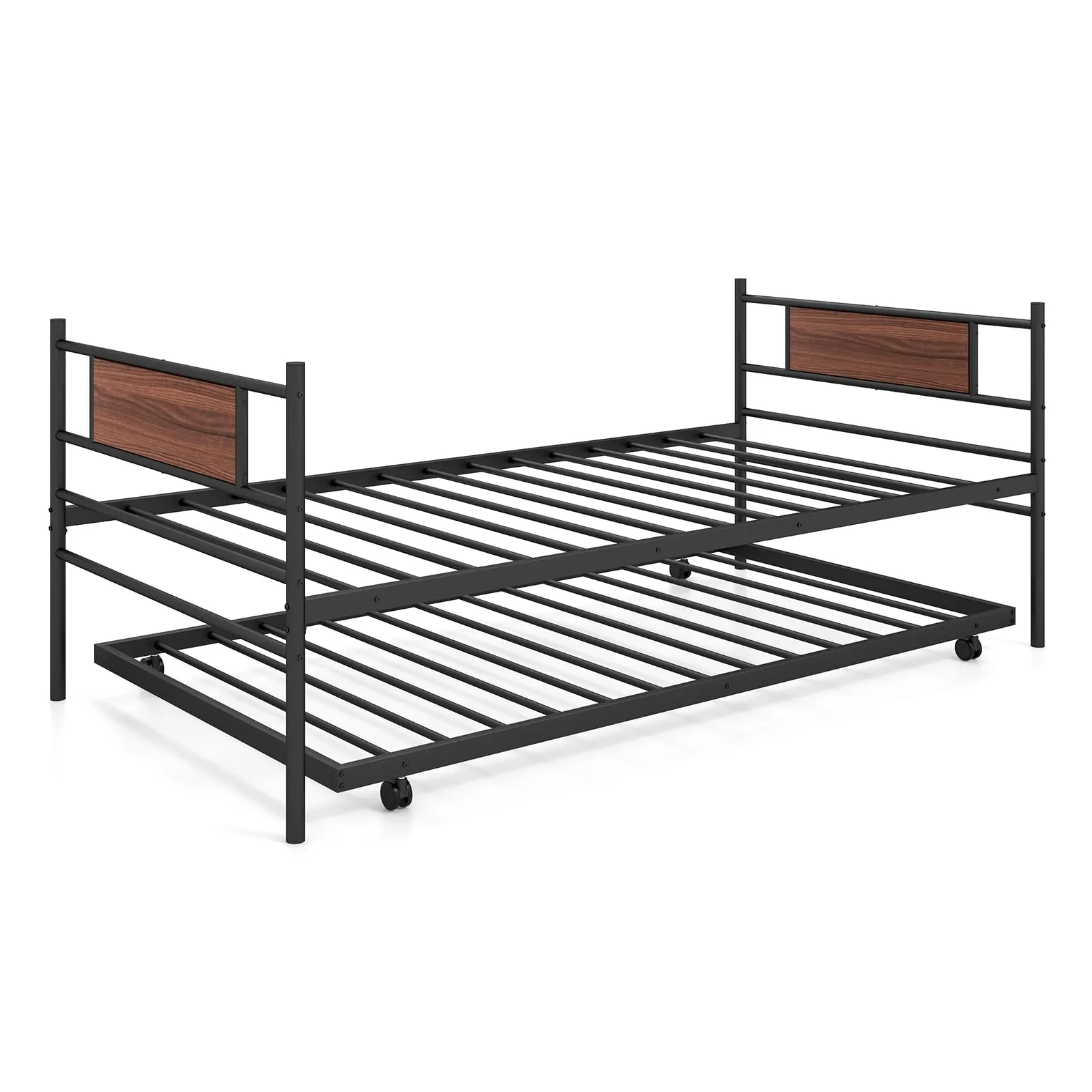 Giantex Metal Daybed with Trundle, Twin Size Day Bed with Wood Grain Headboard & Metal Slat Support