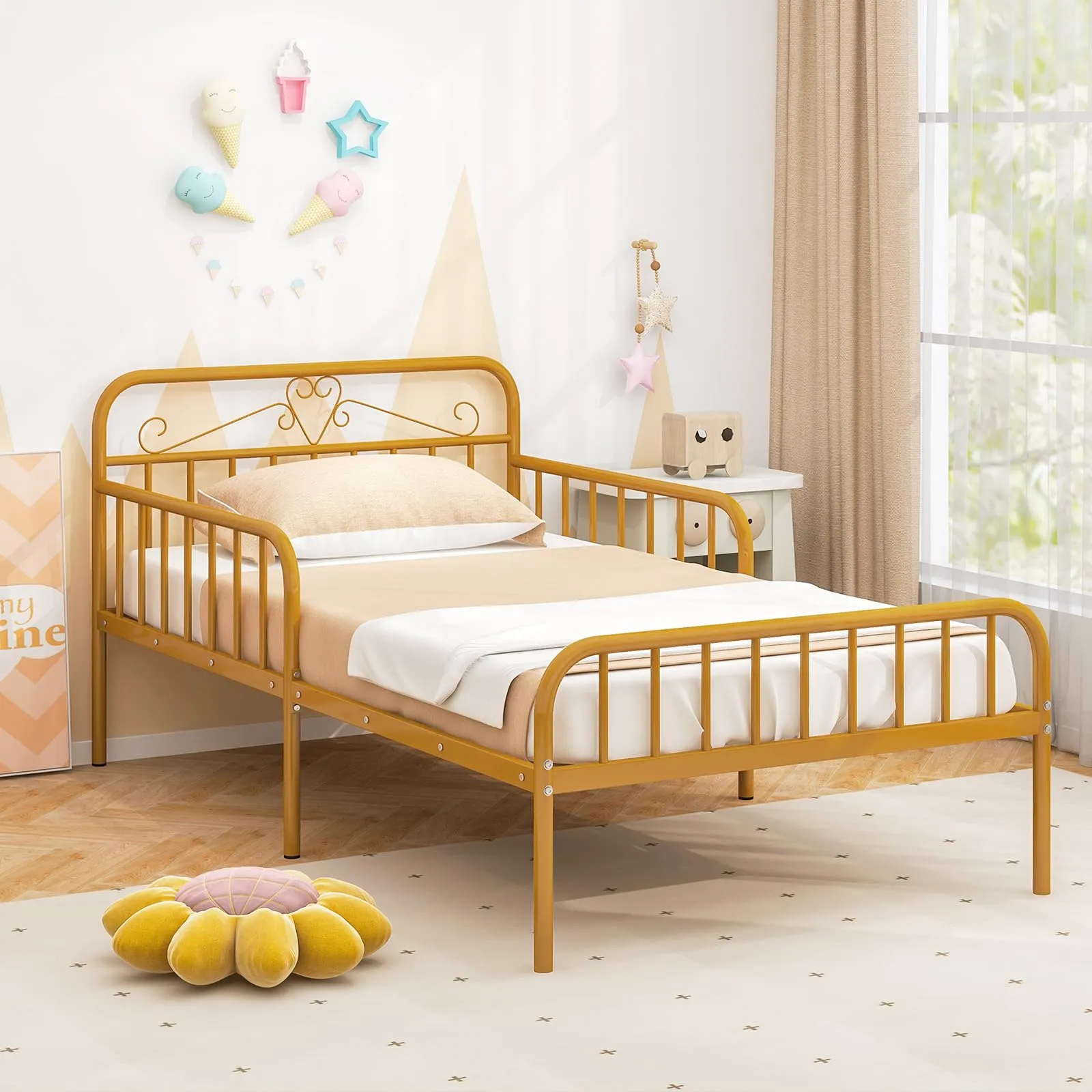 Giantex Metal Twin Bed Frames for Kids, Heavy Duty Metal Platform Bed Frame with Headboard & Safety Guardrails
