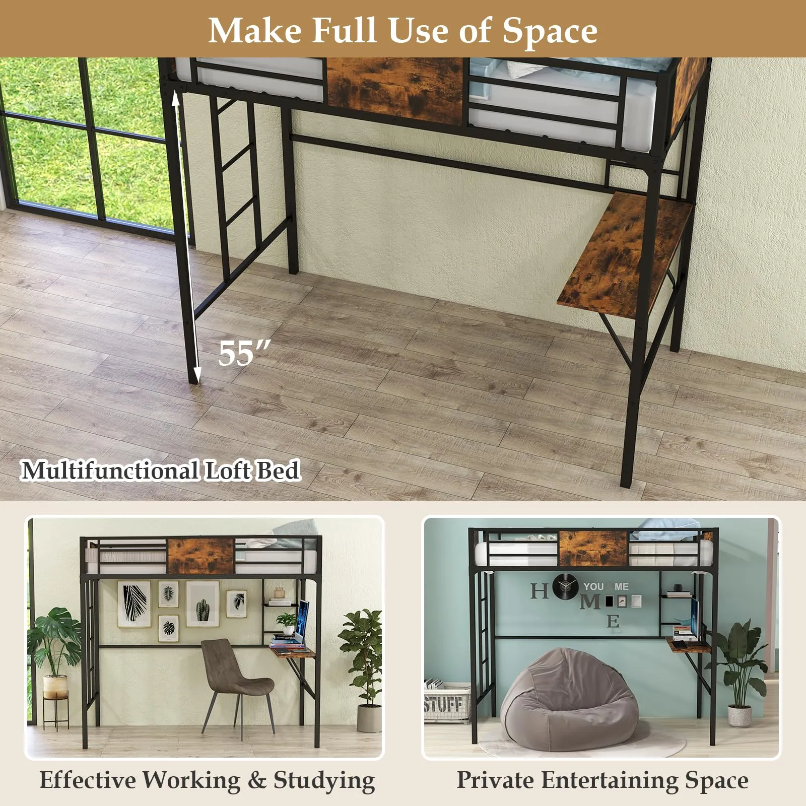 Giantex Metal Twin Loft Bed with Desk and Storage Shelf, Heavy Duty Loft Bed Frame with Build-in Ladder & Safety Guardrail