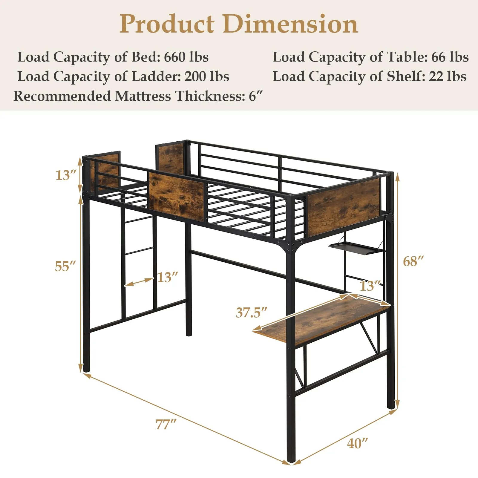 Giantex Metal Twin Loft Bed with Desk and Storage Shelf, Heavy Duty Loft Bed Frame with Build-in Ladder & Safety Guardrail
