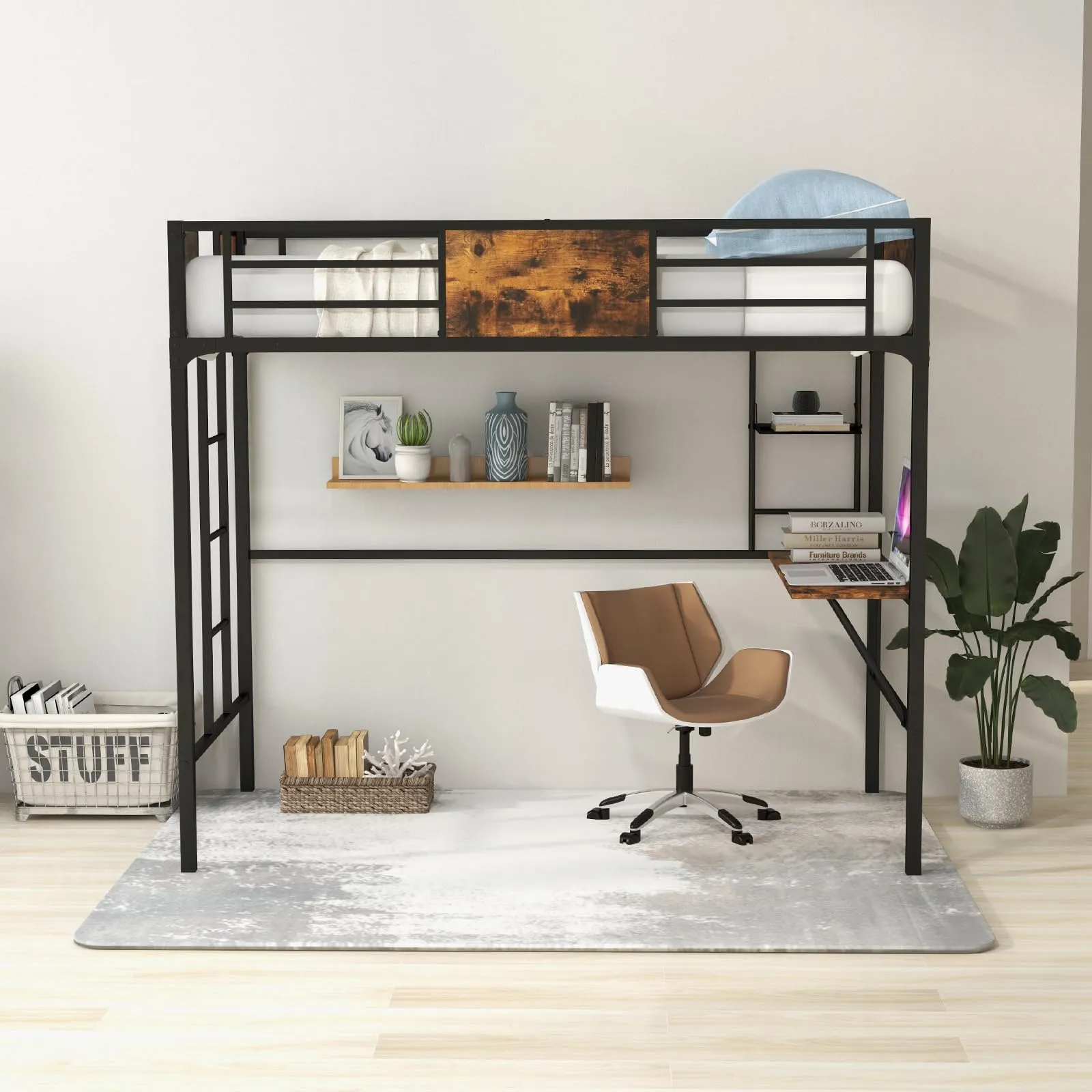 Giantex Metal Twin Loft Bed with Desk and Storage Shelf, Heavy Duty Loft Bed Frame with Build-in Ladder & Safety Guardrail