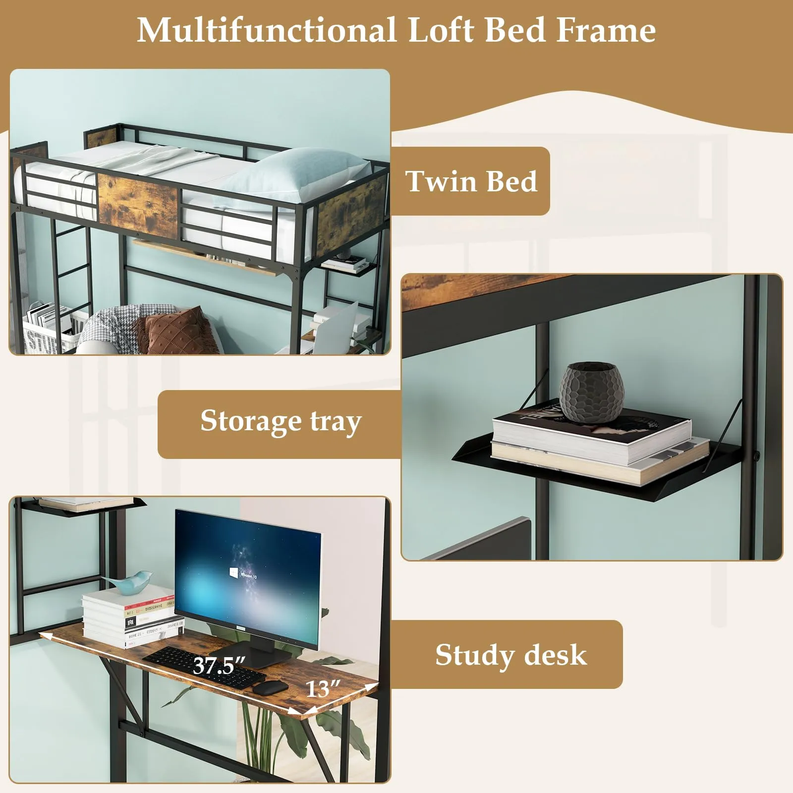 Giantex Metal Twin Loft Bed with Desk and Storage Shelf, Heavy Duty Loft Bed Frame with Build-in Ladder & Safety Guardrail