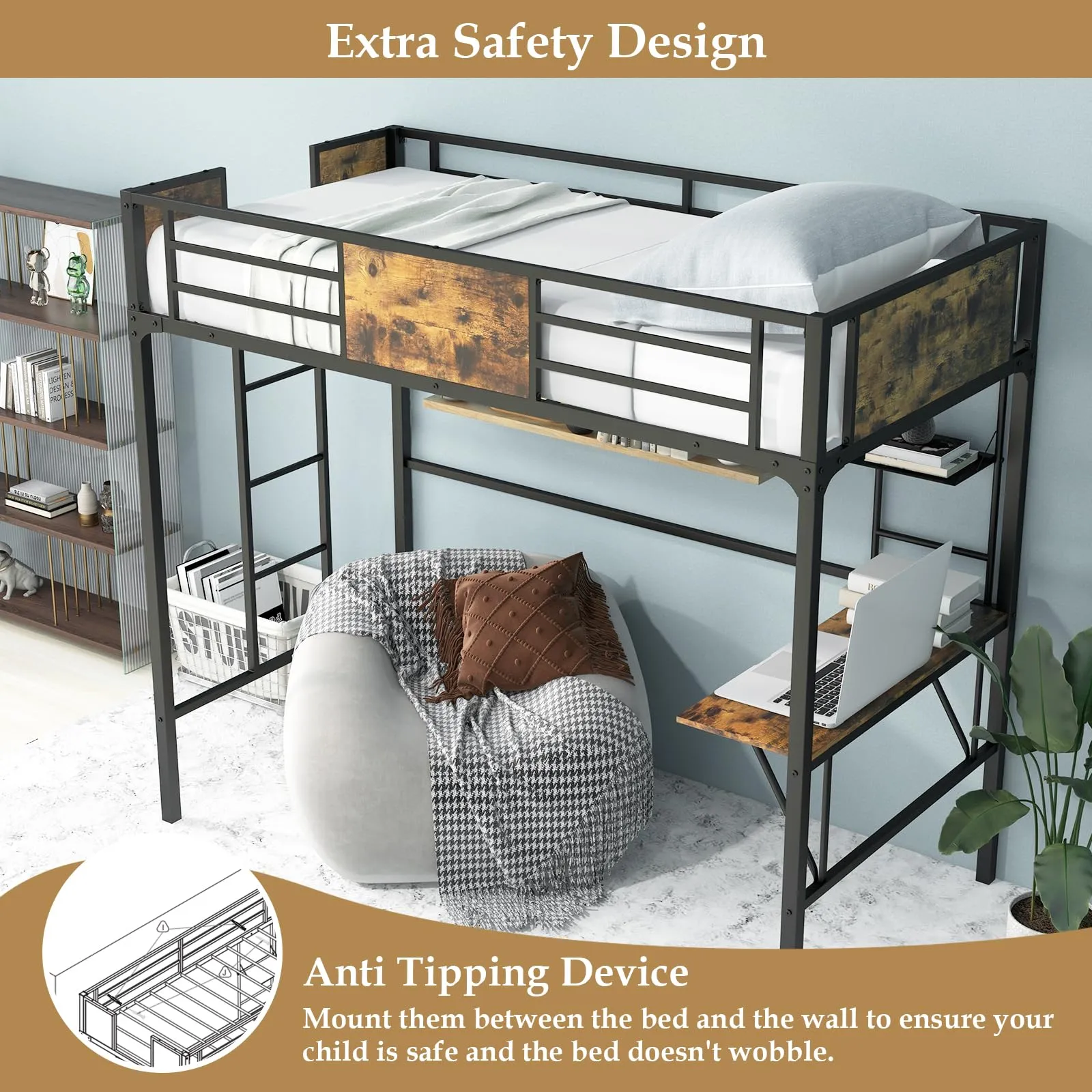 Giantex Metal Twin Loft Bed with Desk and Storage Shelf, Heavy Duty Loft Bed Frame with Build-in Ladder & Safety Guardrail