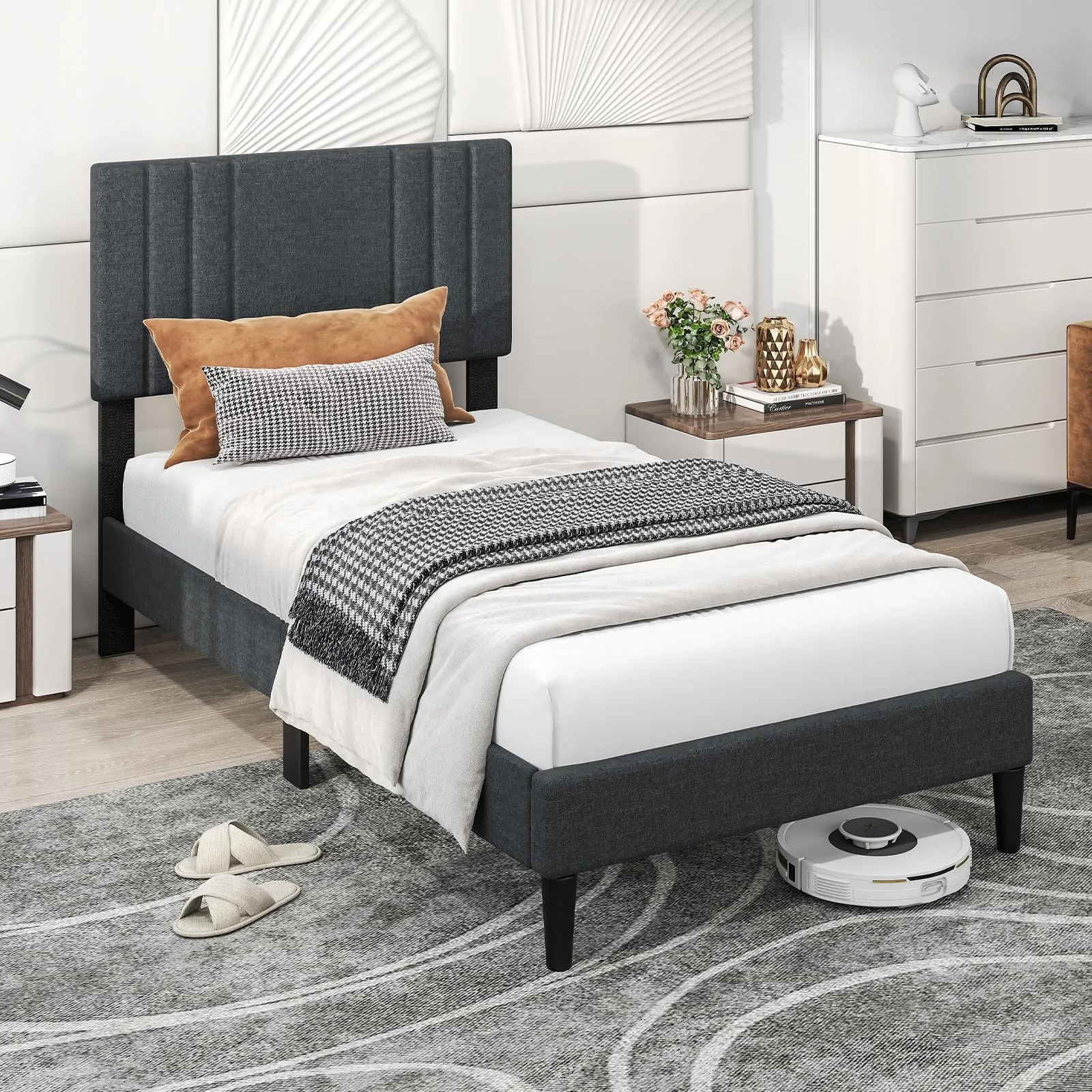 Giantex Modern Upholstered Platform Bed Frame with Vertical Channel Tufted Headboard