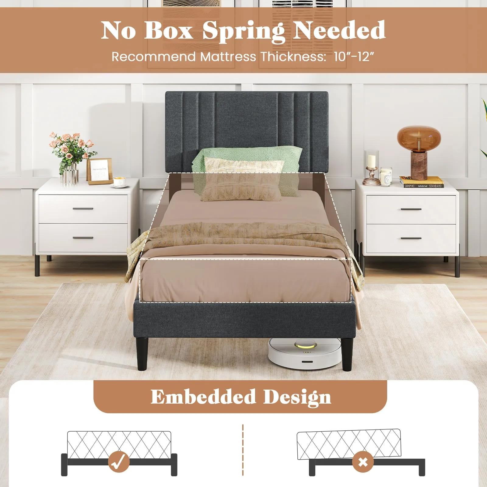 Giantex Modern Upholstered Platform Bed Frame with Vertical Channel Tufted Headboard