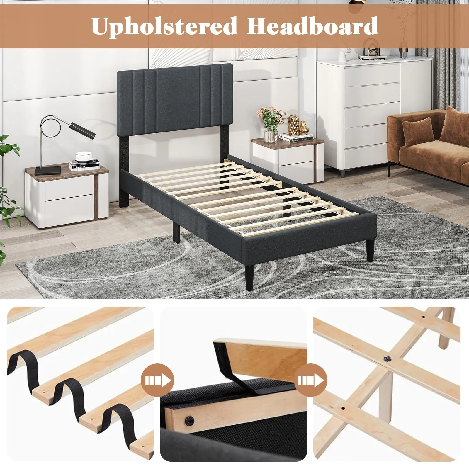 Giantex Modern Upholstered Platform Bed Frame with Vertical Channel Tufted Headboard