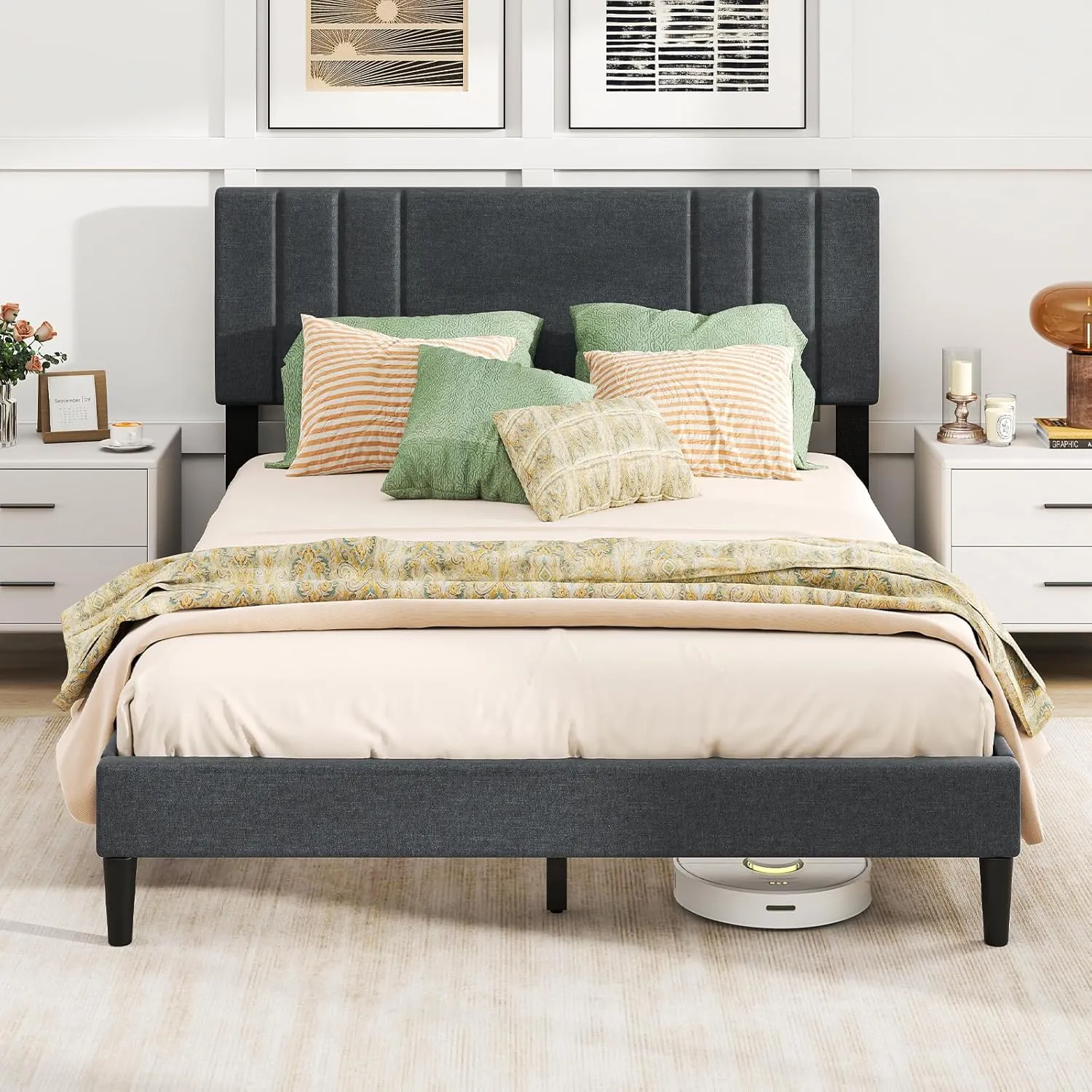 Giantex Modern Upholstered Platform Bed Frame with Vertical Channel Tufted Headboard