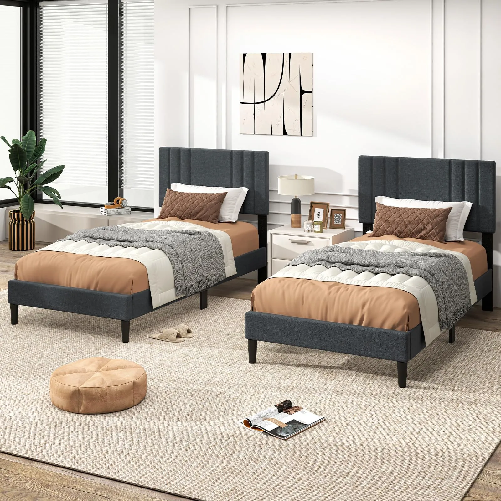 Giantex Modern Upholstered Platform Bed Frame with Vertical Channel Tufted Headboard