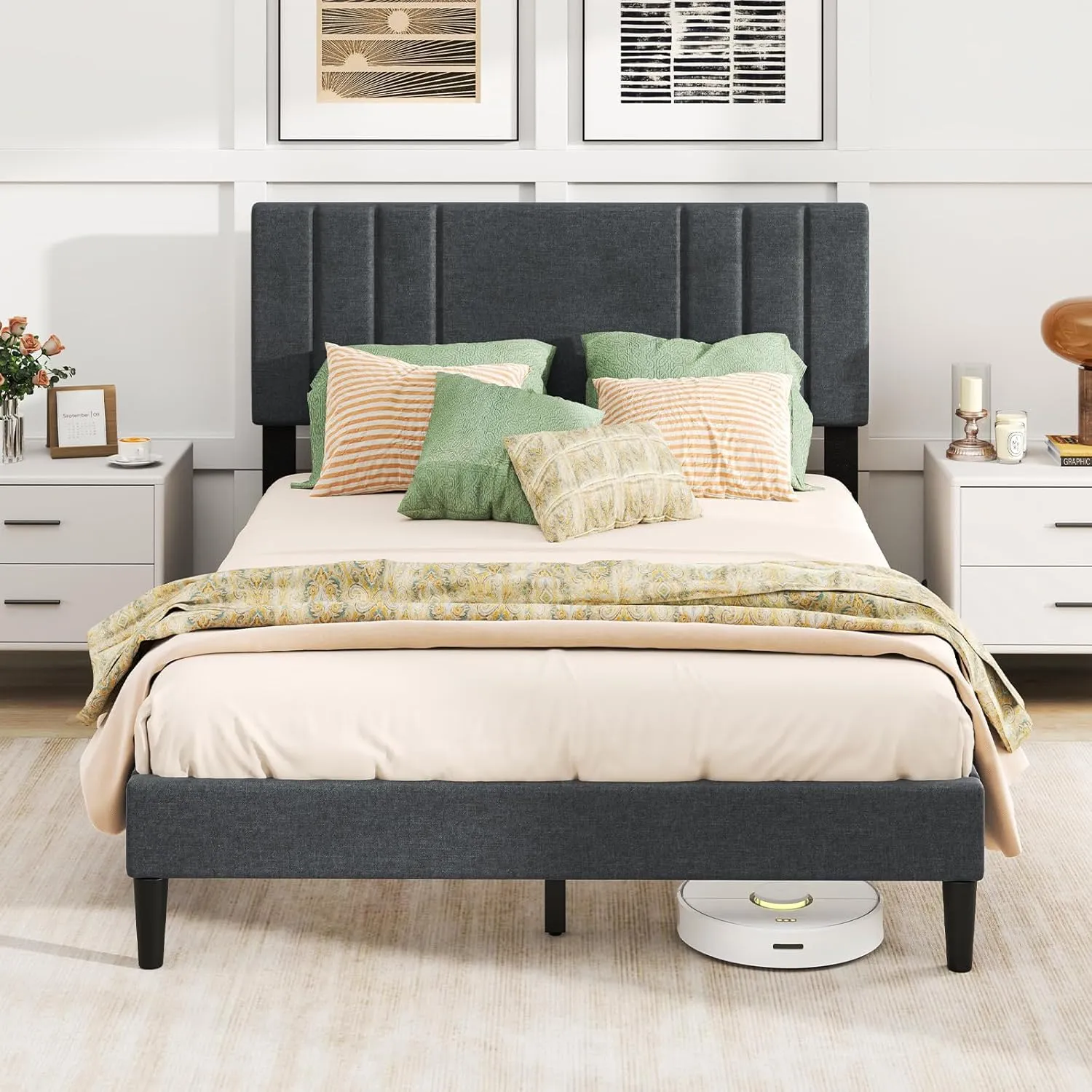Giantex Modern Upholstered Platform Bed Frame with Vertical Channel Tufted Headboard