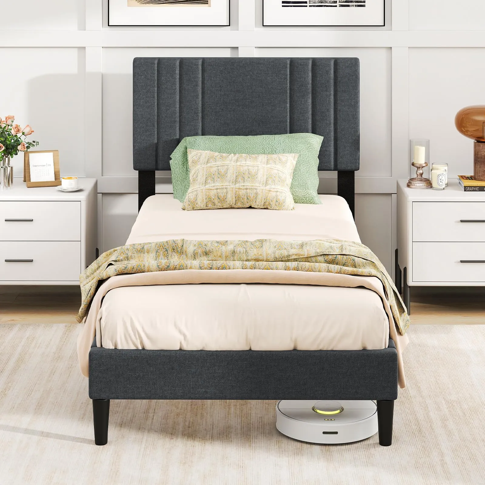 Giantex Modern Upholstered Platform Bed Frame with Vertical Channel Tufted Headboard bed frame, queen bed