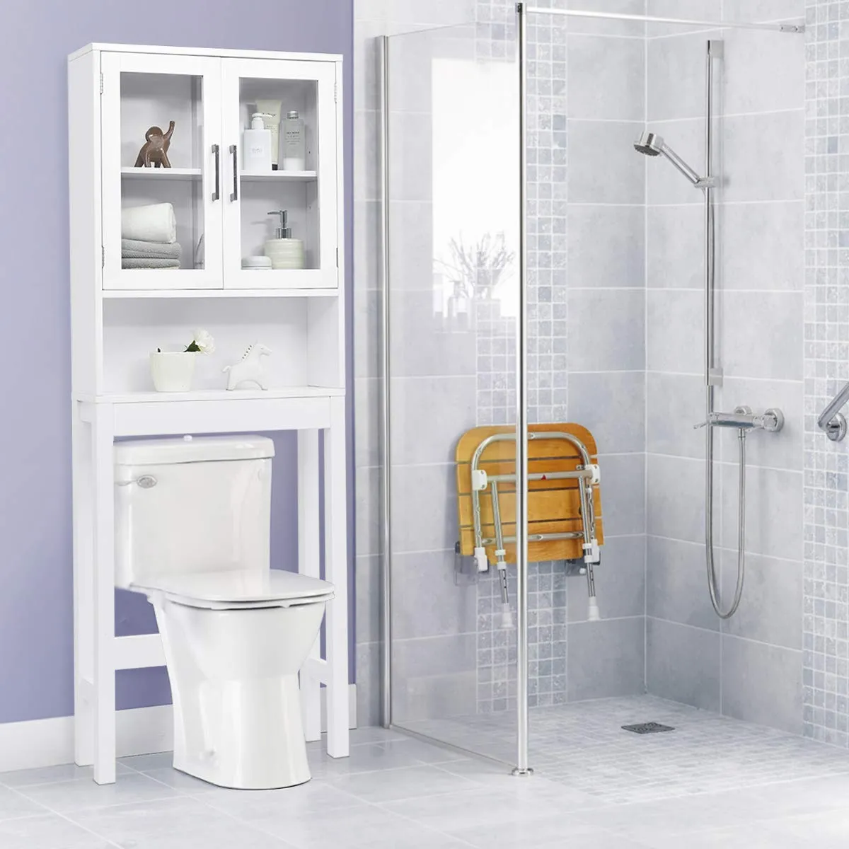 Giantex Over-The-Toilet Storage Cabinet W/Tempered Glass Doors, 3-Position Adjustable Shelf