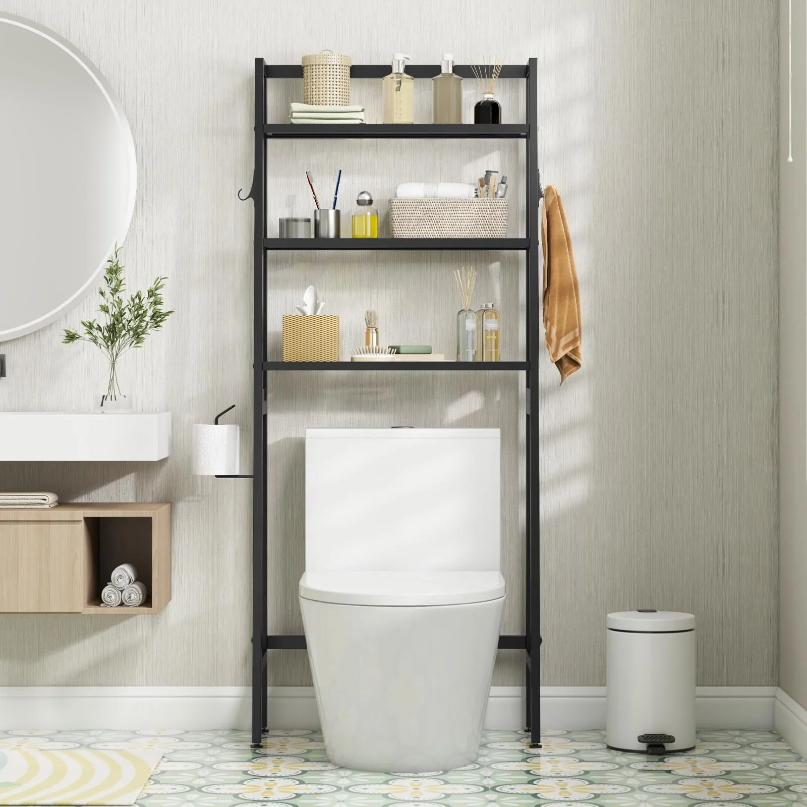 Giantex Over The Toilet Storage Shelf - 3-Tier Freestanding Above Toilet Rack bathroom organizer, toilet brush holder