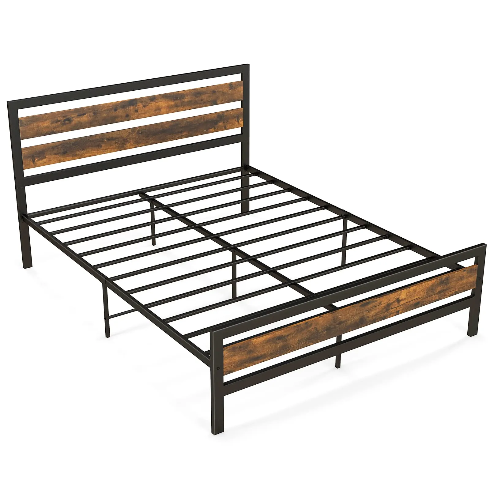 Giantex Queen Metal Platform Bed Frame with Wooden Headboard & Footboard, Rustic Brown