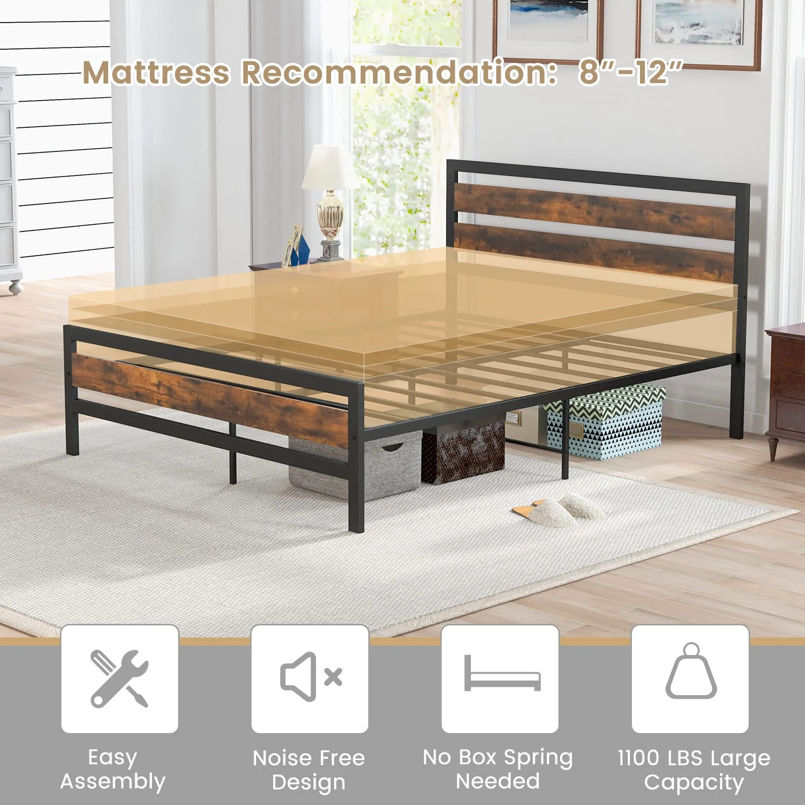 Giantex Queen Metal Platform Bed Frame with Wooden Headboard & Footboard, Rustic Brown