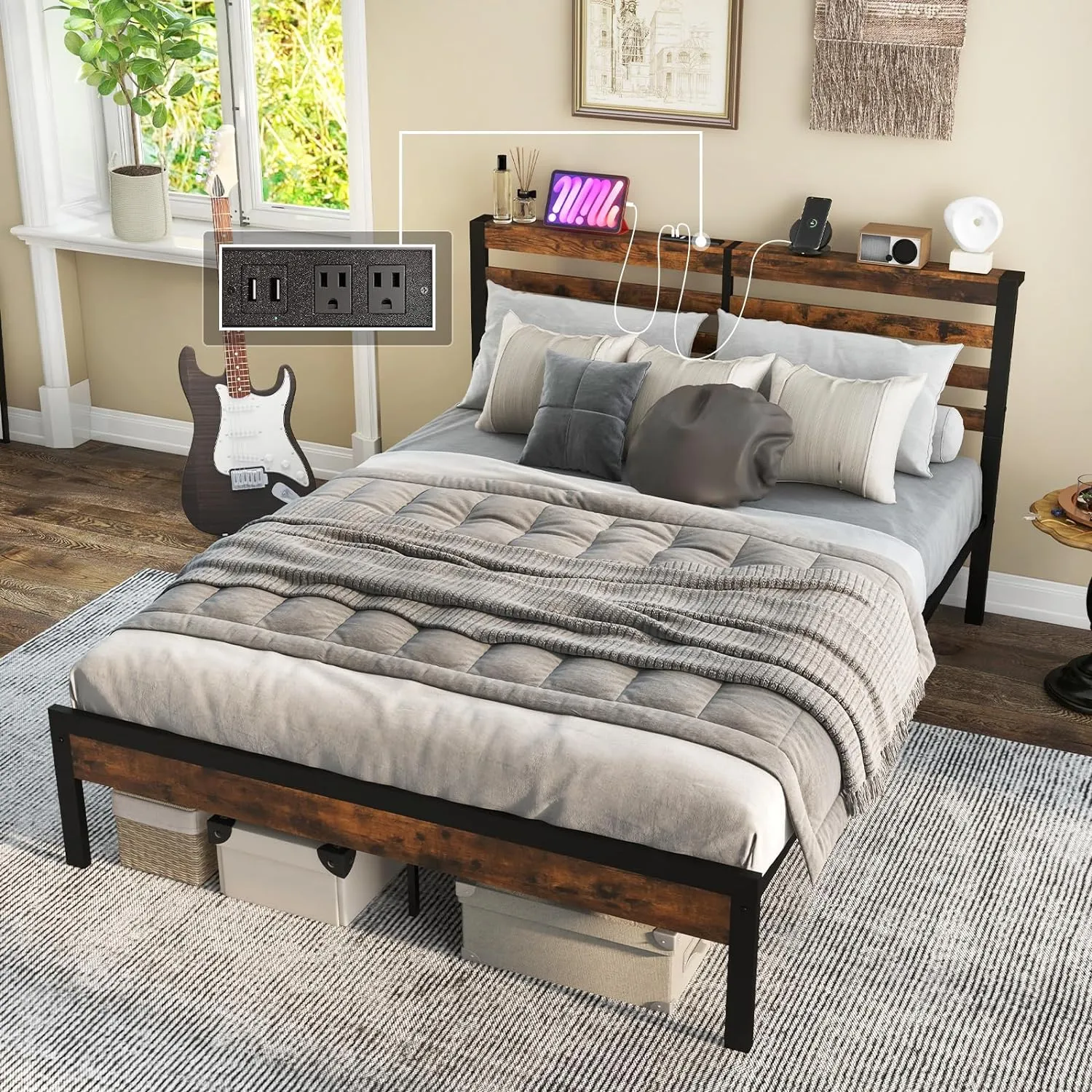 Giantex Queen Metal Platform Bed Frame with Wooden Headboard & Footboard, Rustic Brown