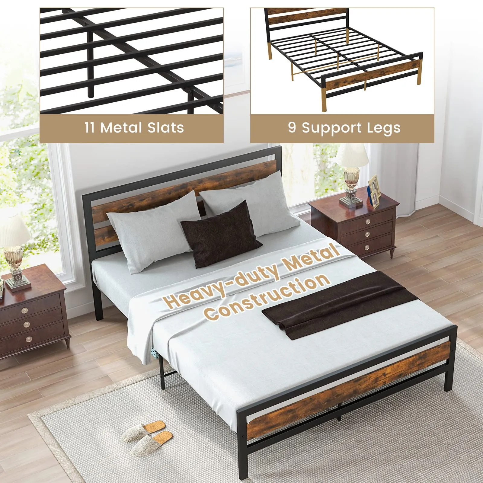Giantex Queen Metal Platform Bed Frame with Wooden Headboard & Footboard, Rustic Brown