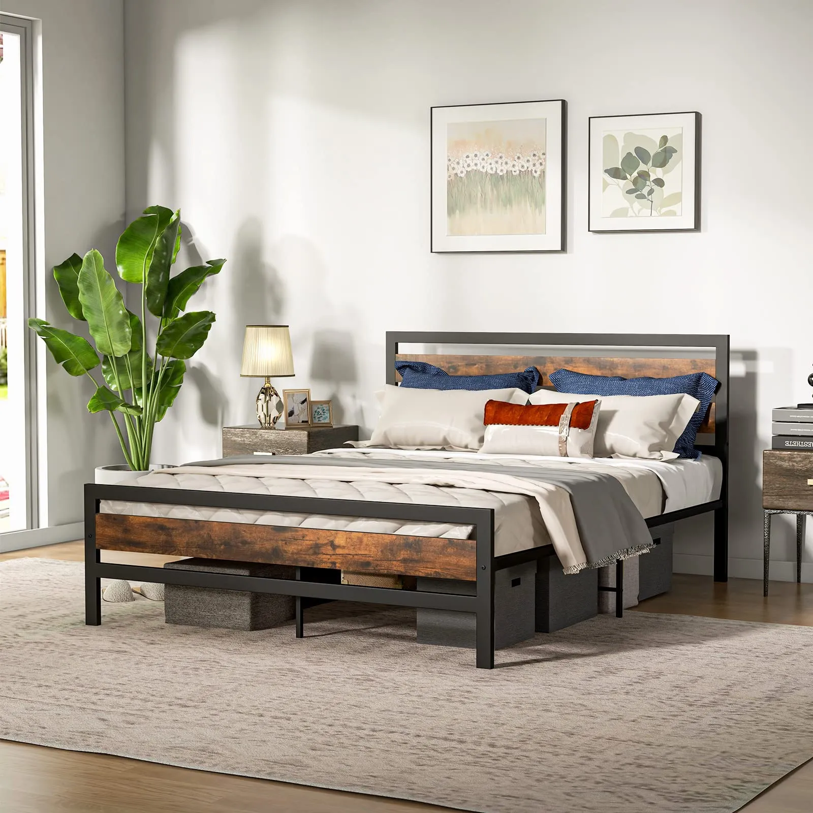 Giantex Queen Metal Platform Bed Frame with Wooden Headboard & Footboard, Rustic Brown bed frame, queen bed