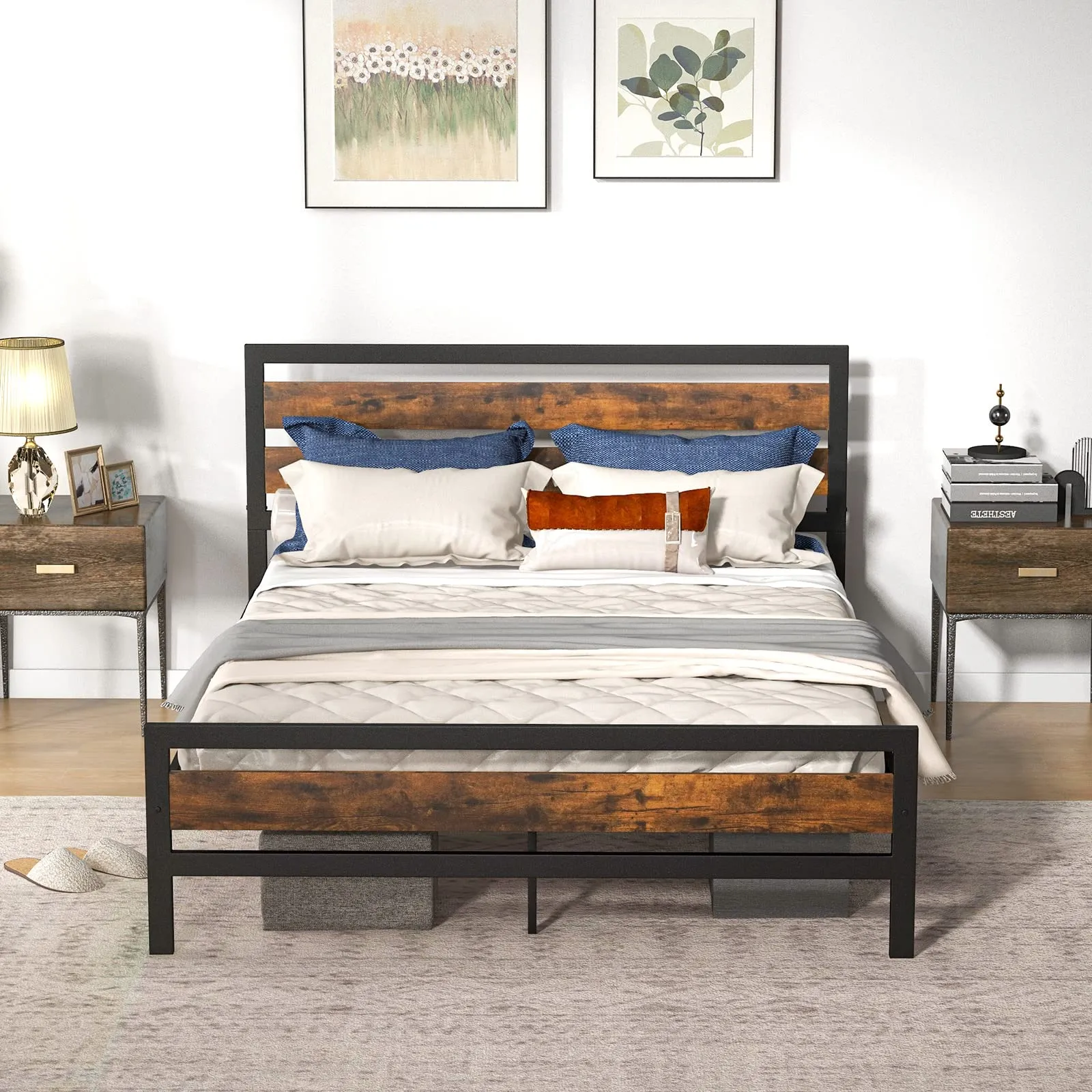 Giantex Queen Metal Platform Bed Frame with Wooden Headboard & Footboard, Rustic Brown